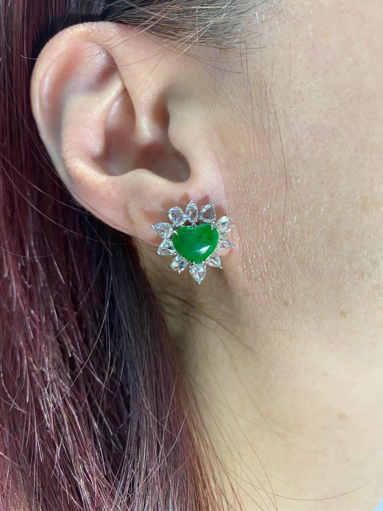 Retro Jadeite Rose Cut Diamonds Stud Earrings in 18K White Gold In New Condition For Sale In Hong Kong, HK