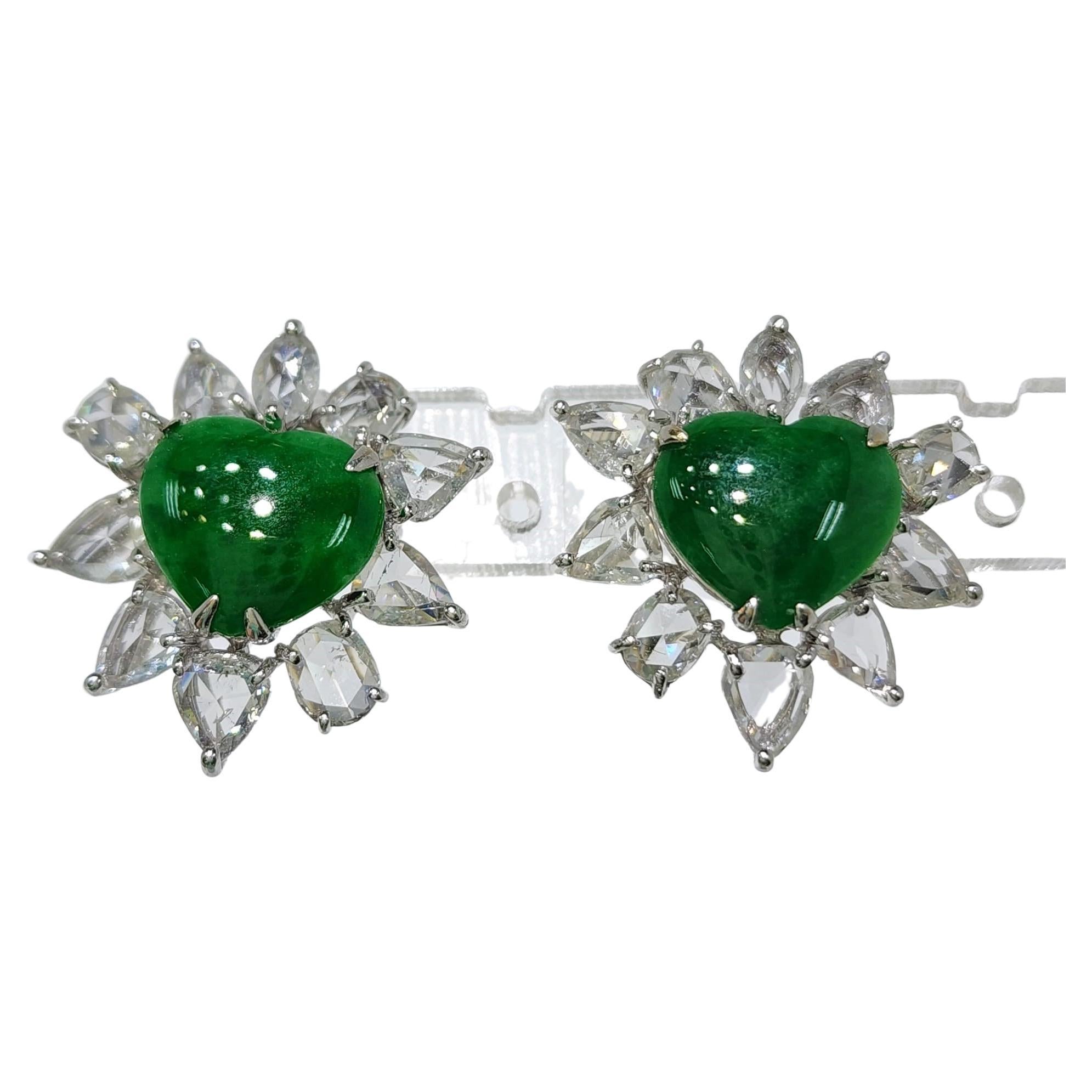 Retro Jadeite Rose Cut Diamonds Stud Earrings in 18K White Gold