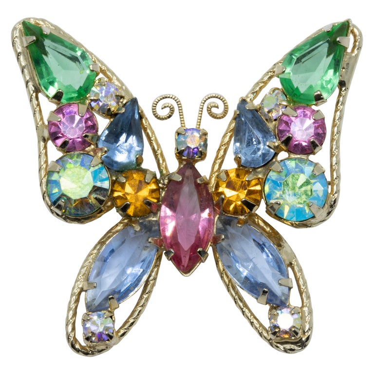 Retro Jeweled Butterfly Pin Brooch in Gold, MidLate 1900s, Open Back