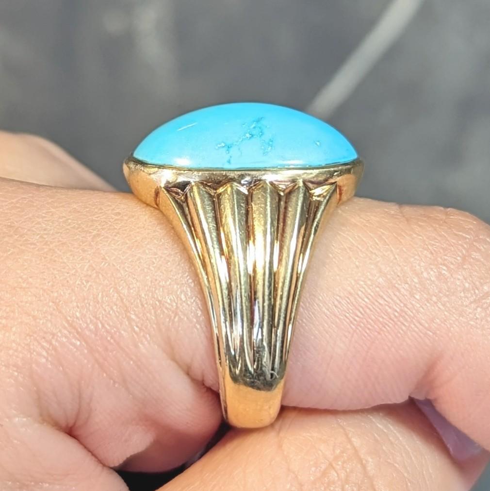 Retro Jones Woodland Turquoise 14 Karat Yellow Gold Fanning Vintage Signet Ring For Sale 10
