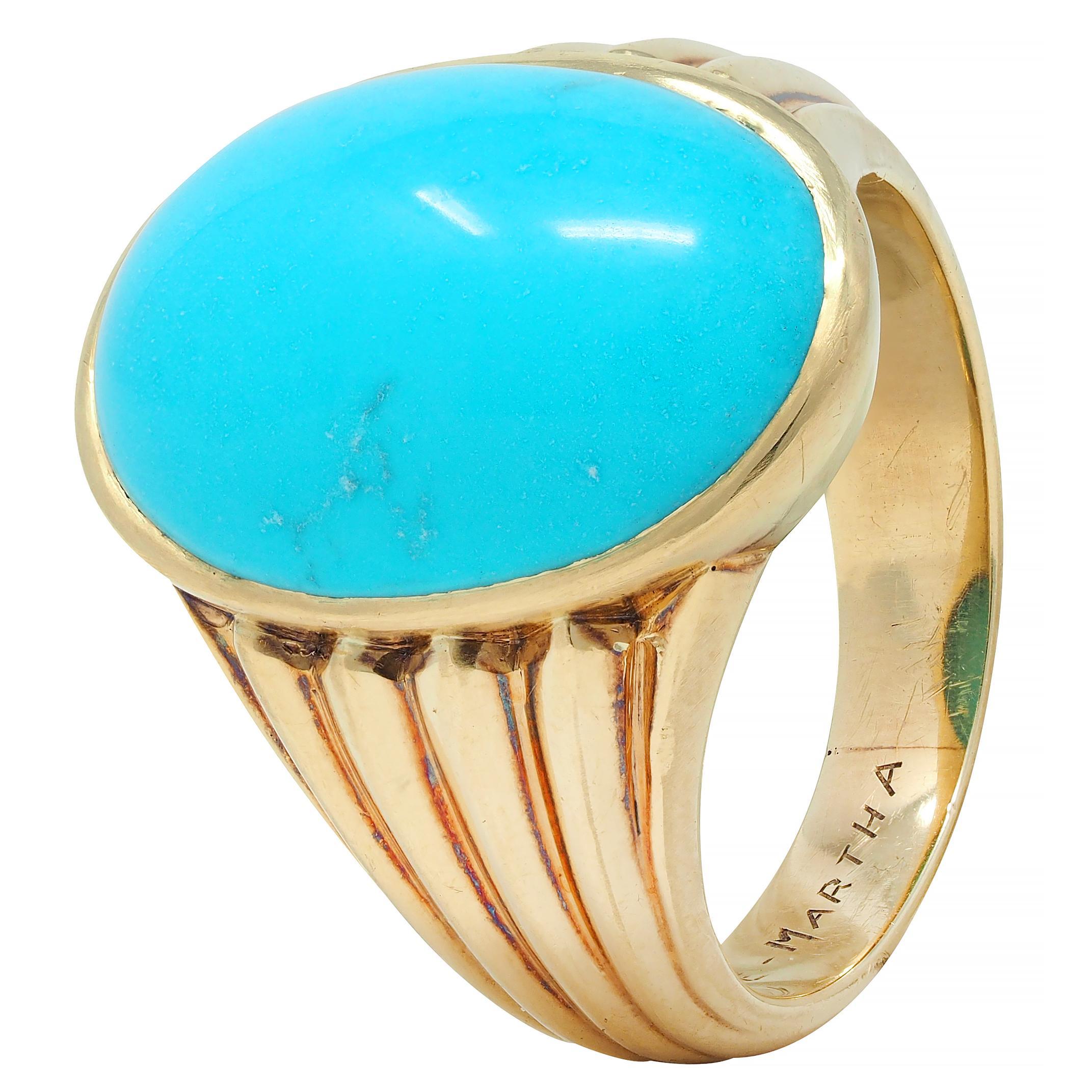 Retro Jones Woodland Turquoise 14 Karat Yellow Gold Fanning Vintage Signet Ring For Sale 4