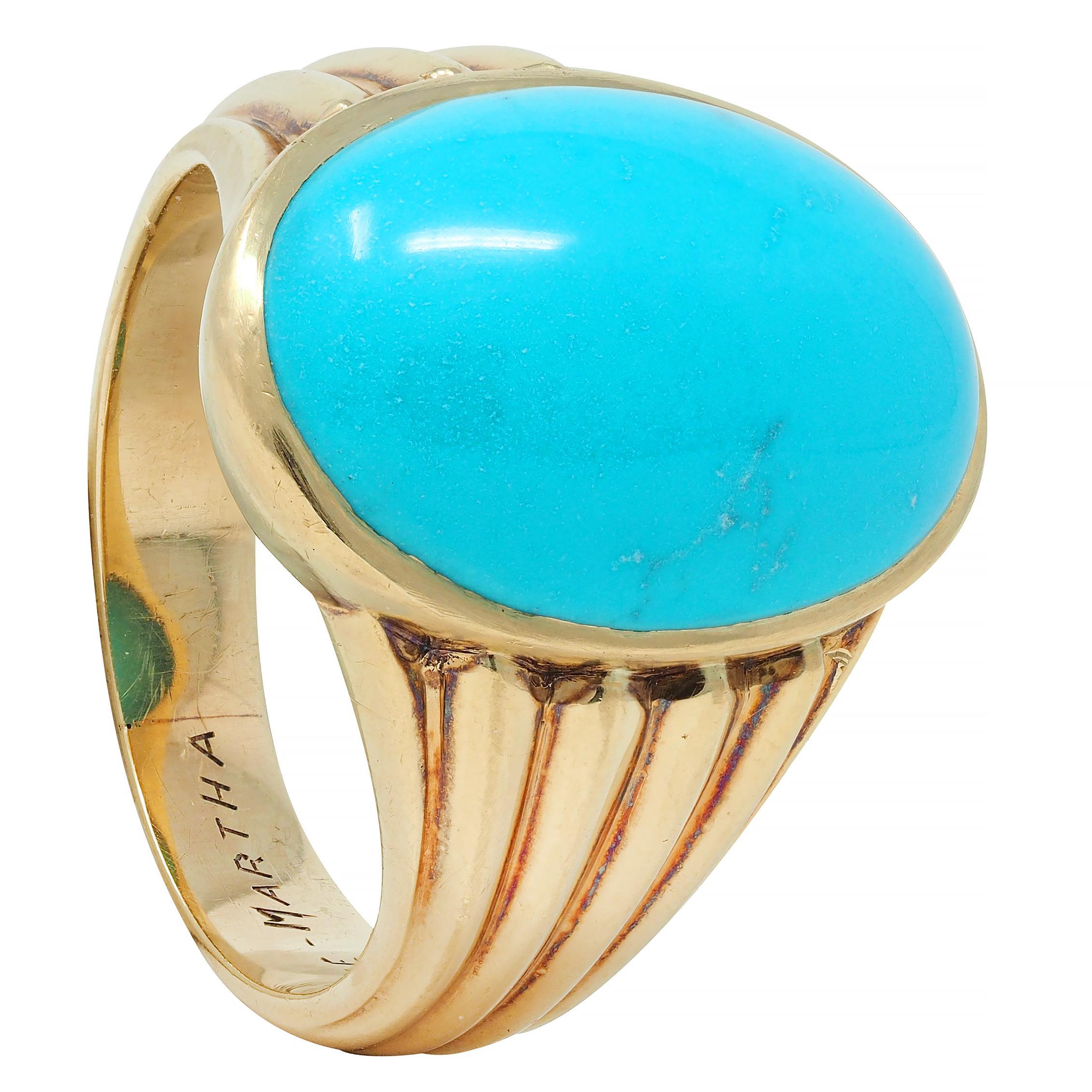 Retro Jones Woodland Turquoise 14 Karat Yellow Gold Fanning Vintage Signet Ring For Sale 7