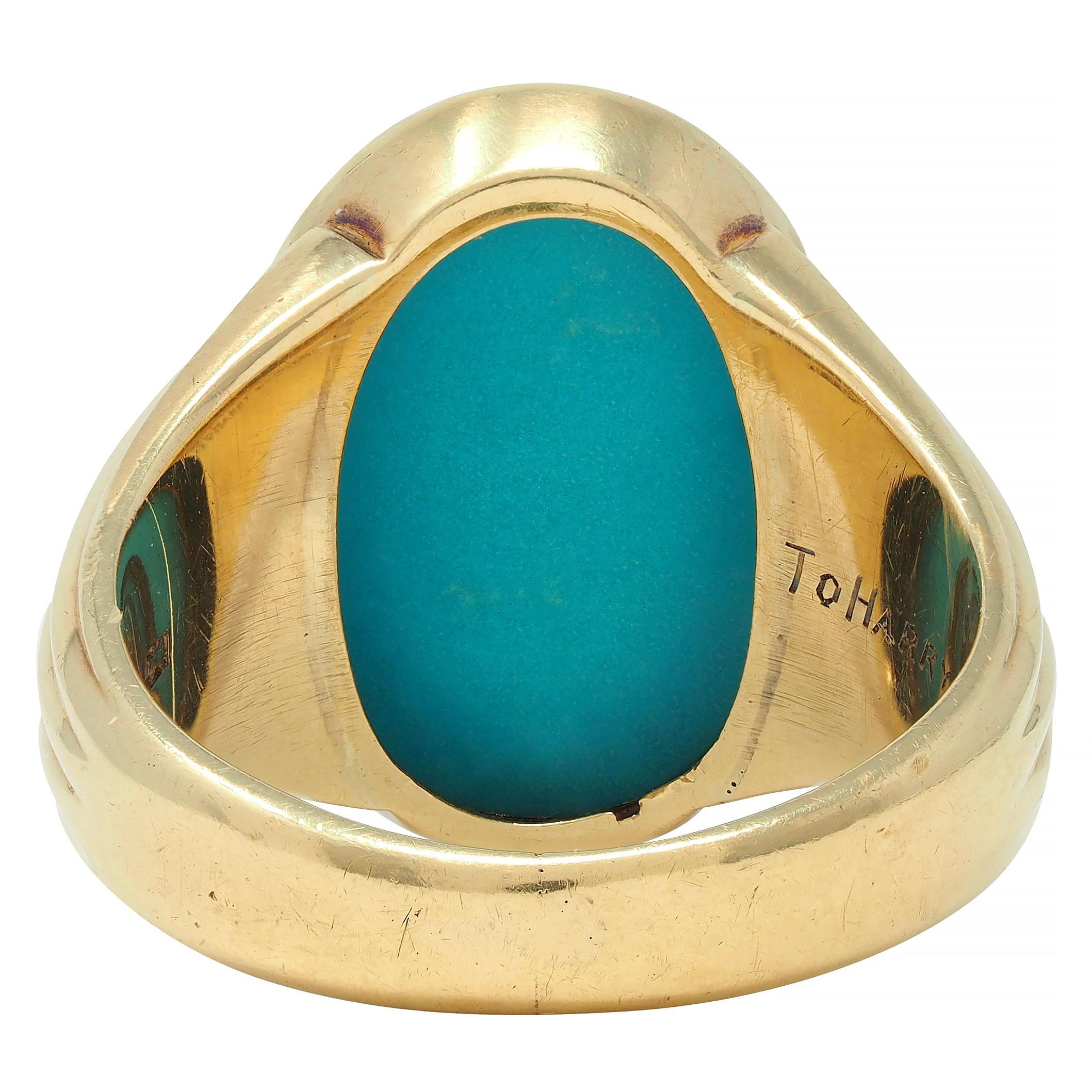 Round Cut Retro Jones Woodland Turquoise 14 Karat Yellow Gold Fanning Vintage Signet Ring For Sale