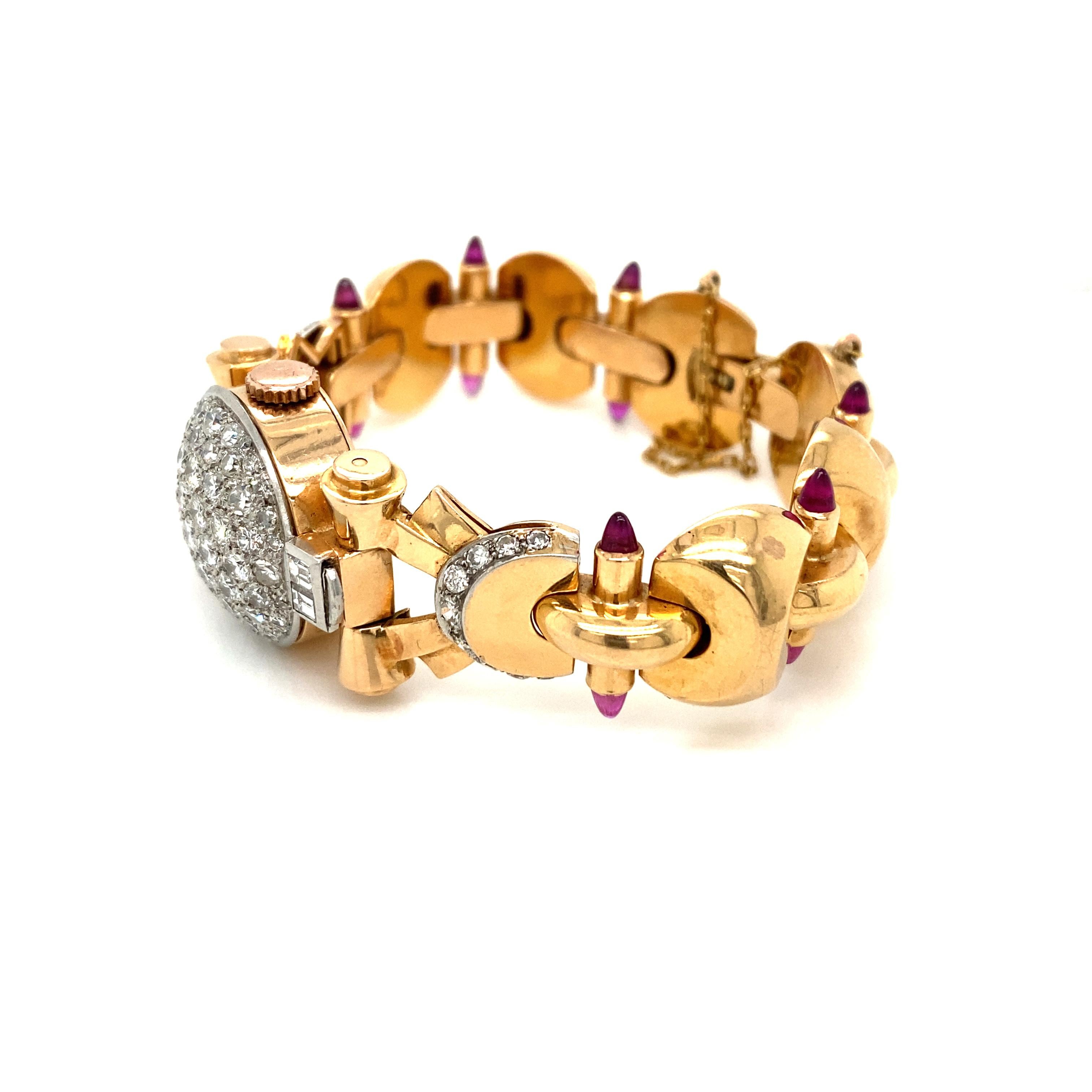 Retro Ladies Diamond Sugar Loaf Ruby Yellow Gold Bracelet Watch 5