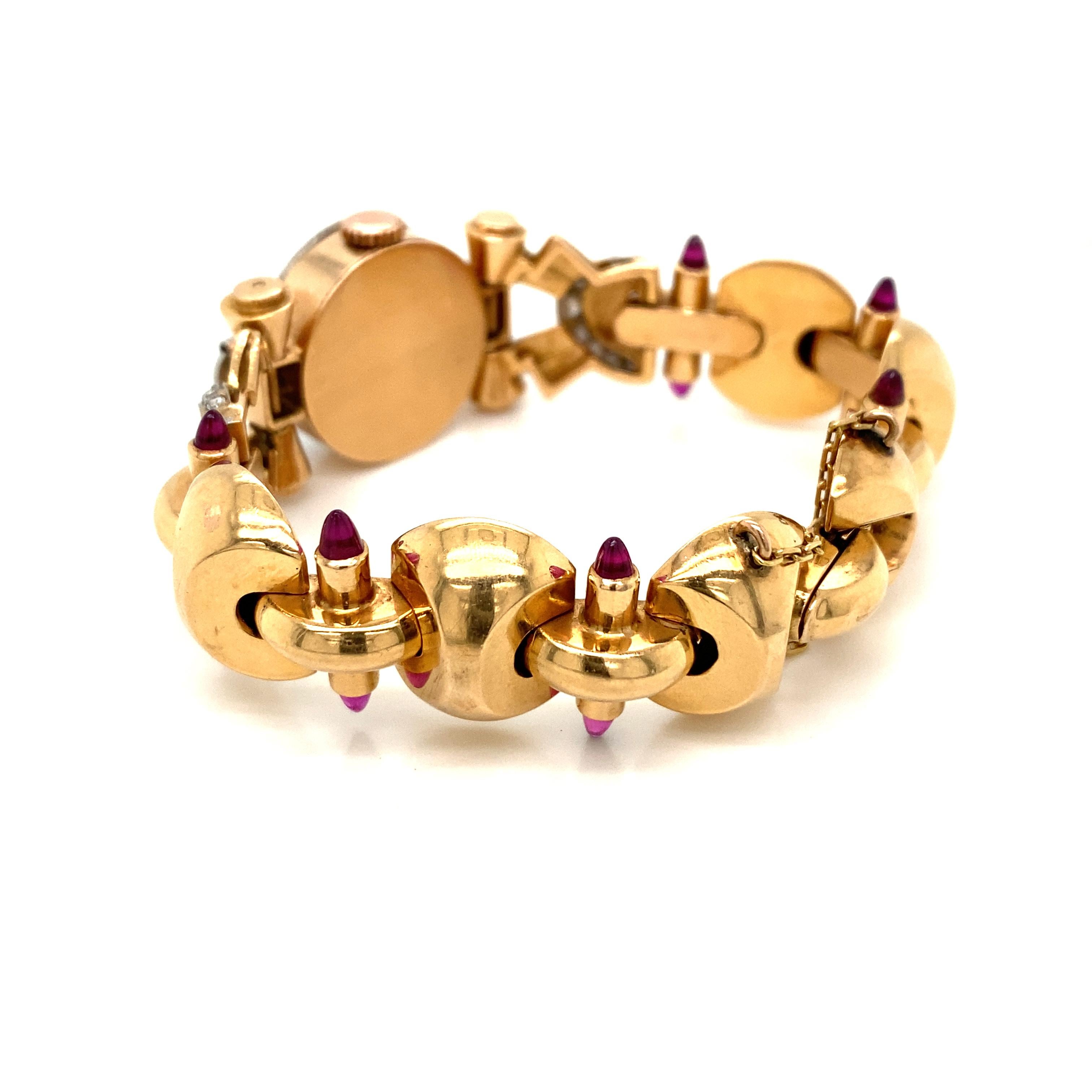 Retro Ladies Diamond Sugar Loaf Ruby Yellow Gold Bracelet Watch 6