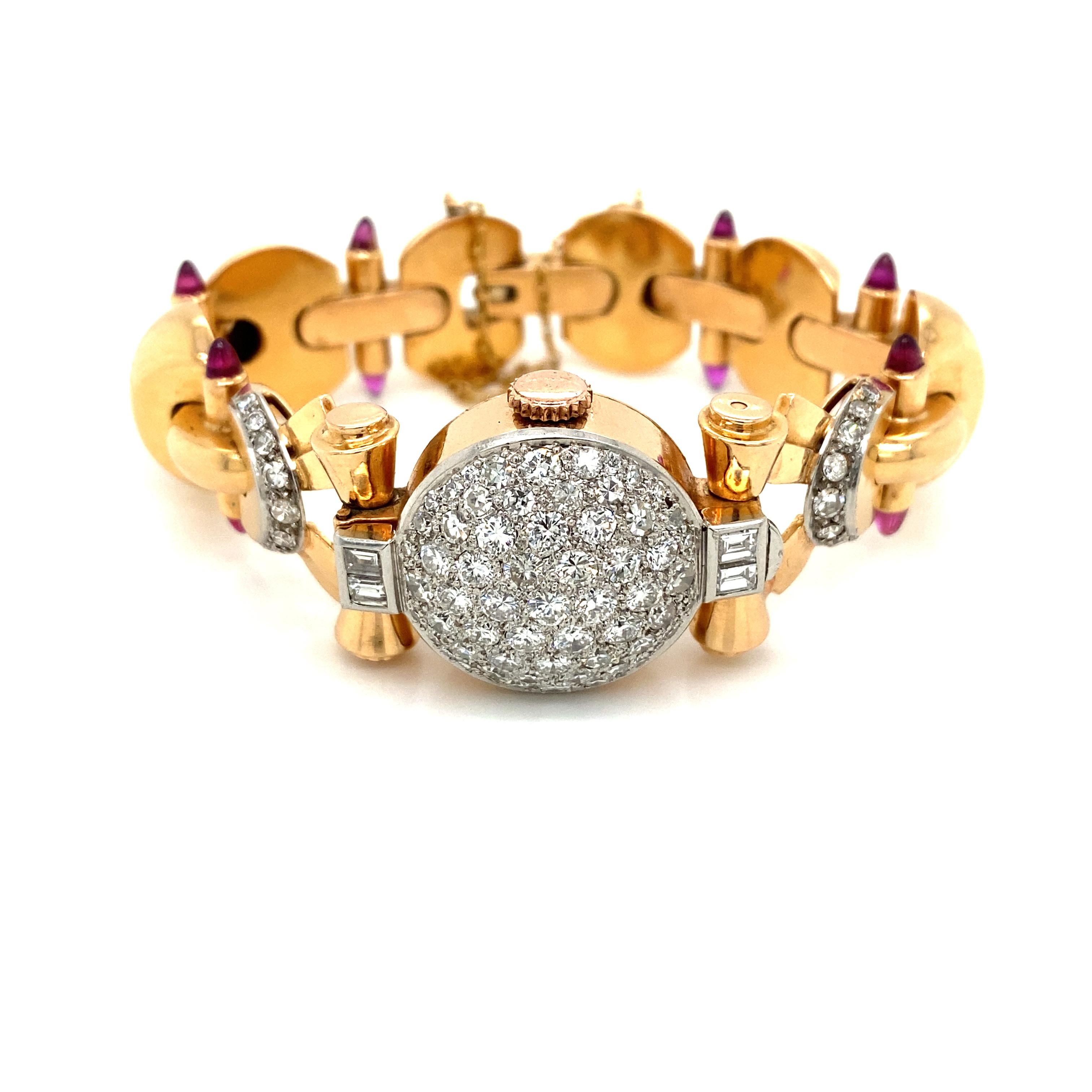 Mixed Cut Retro Ladies Diamond Sugar Loaf Ruby Yellow Gold Bracelet Watch
