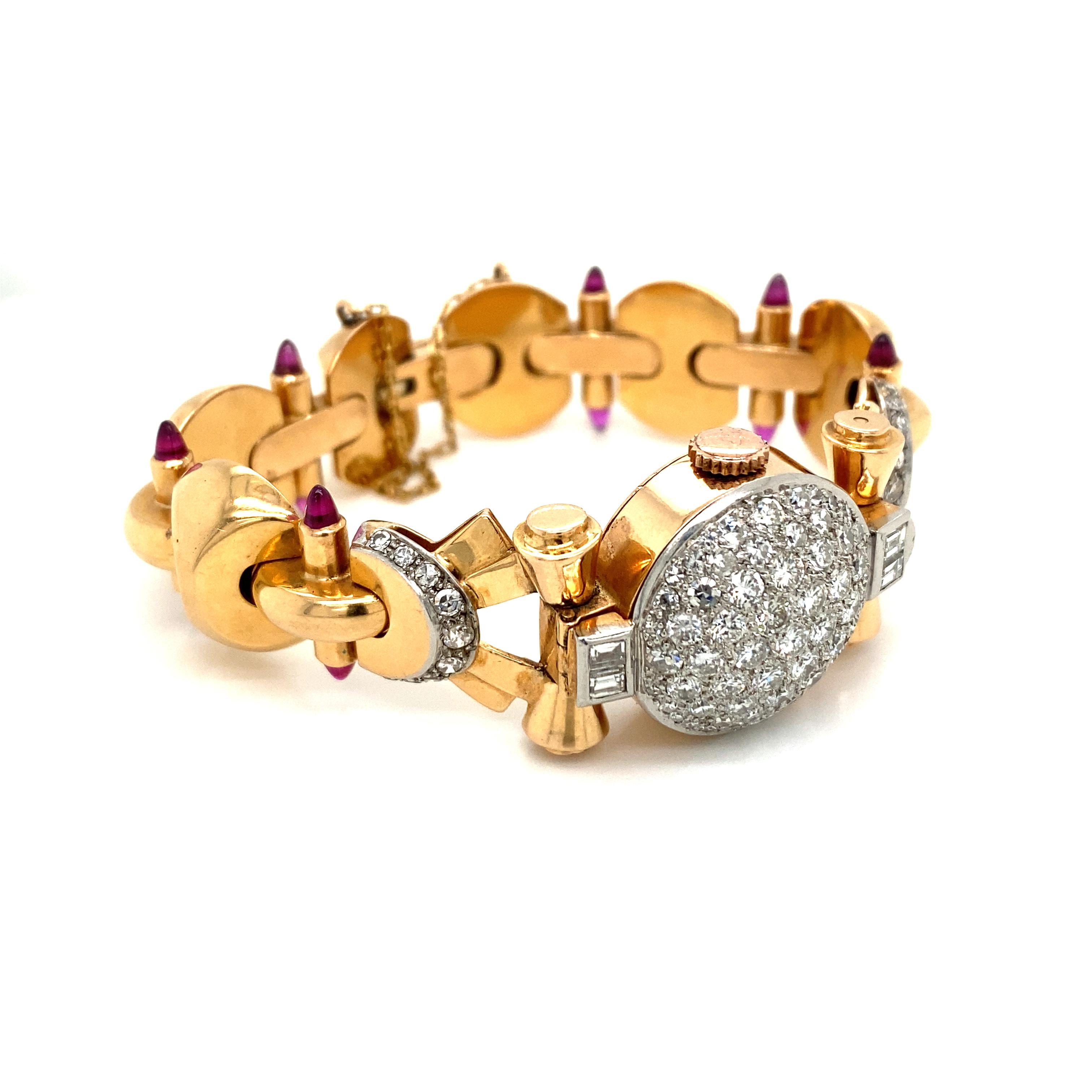 Retro Ladies Diamond Sugar Loaf Ruby Yellow Gold Bracelet Watch 1