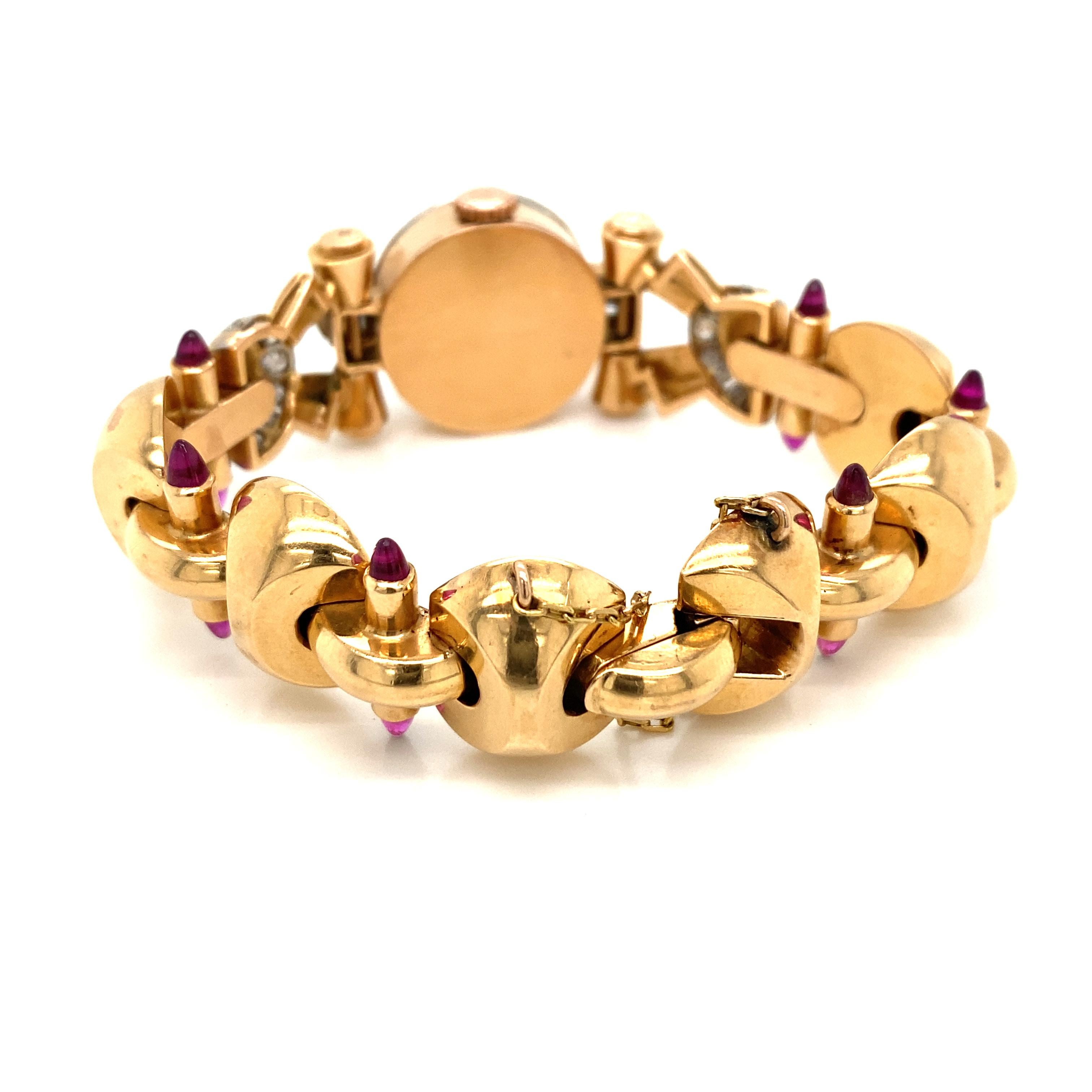 Retro Ladies Diamond Sugar Loaf Ruby Yellow Gold Bracelet Watch 2