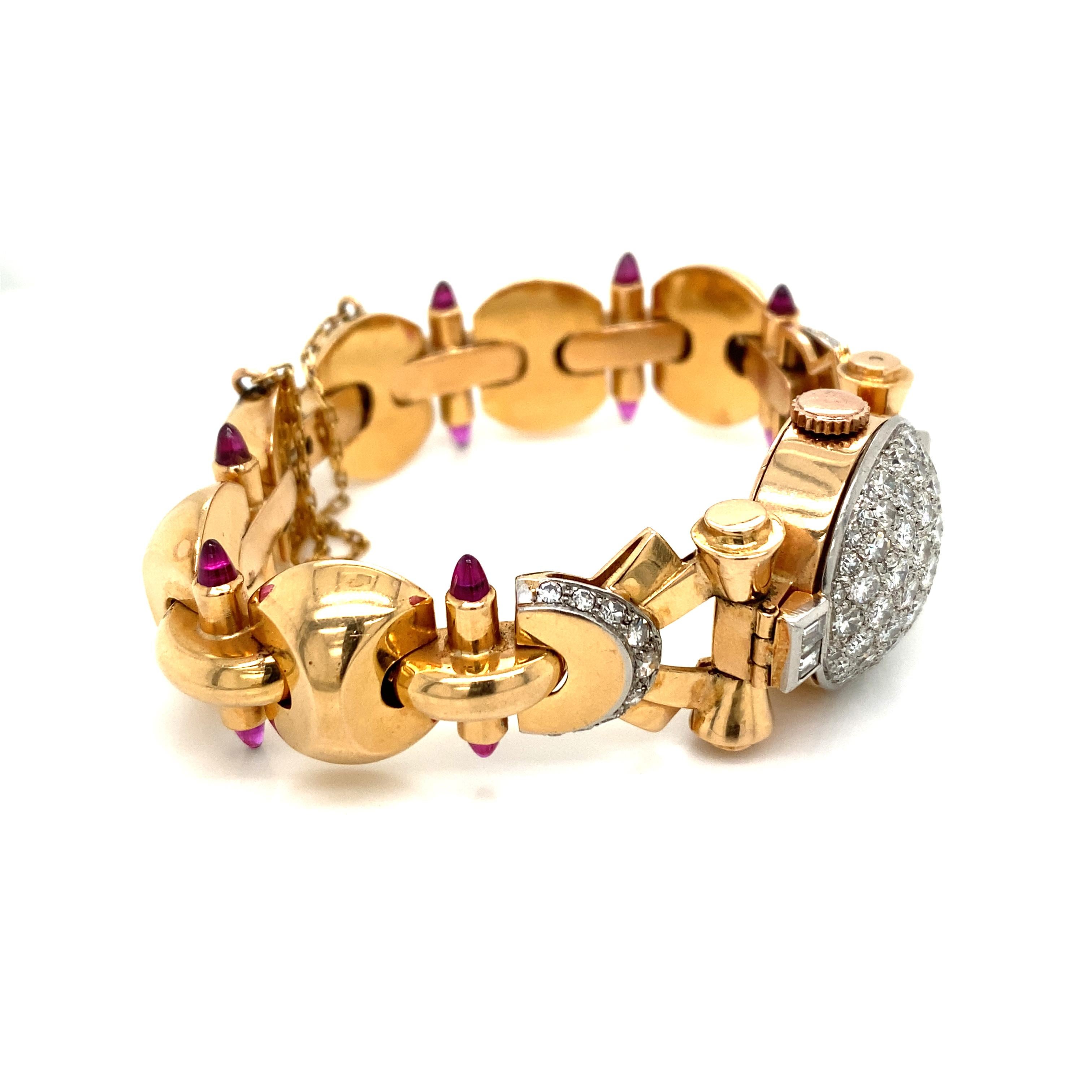 Retro Ladies Diamond Sugar Loaf Ruby Yellow Gold Bracelet Watch 4