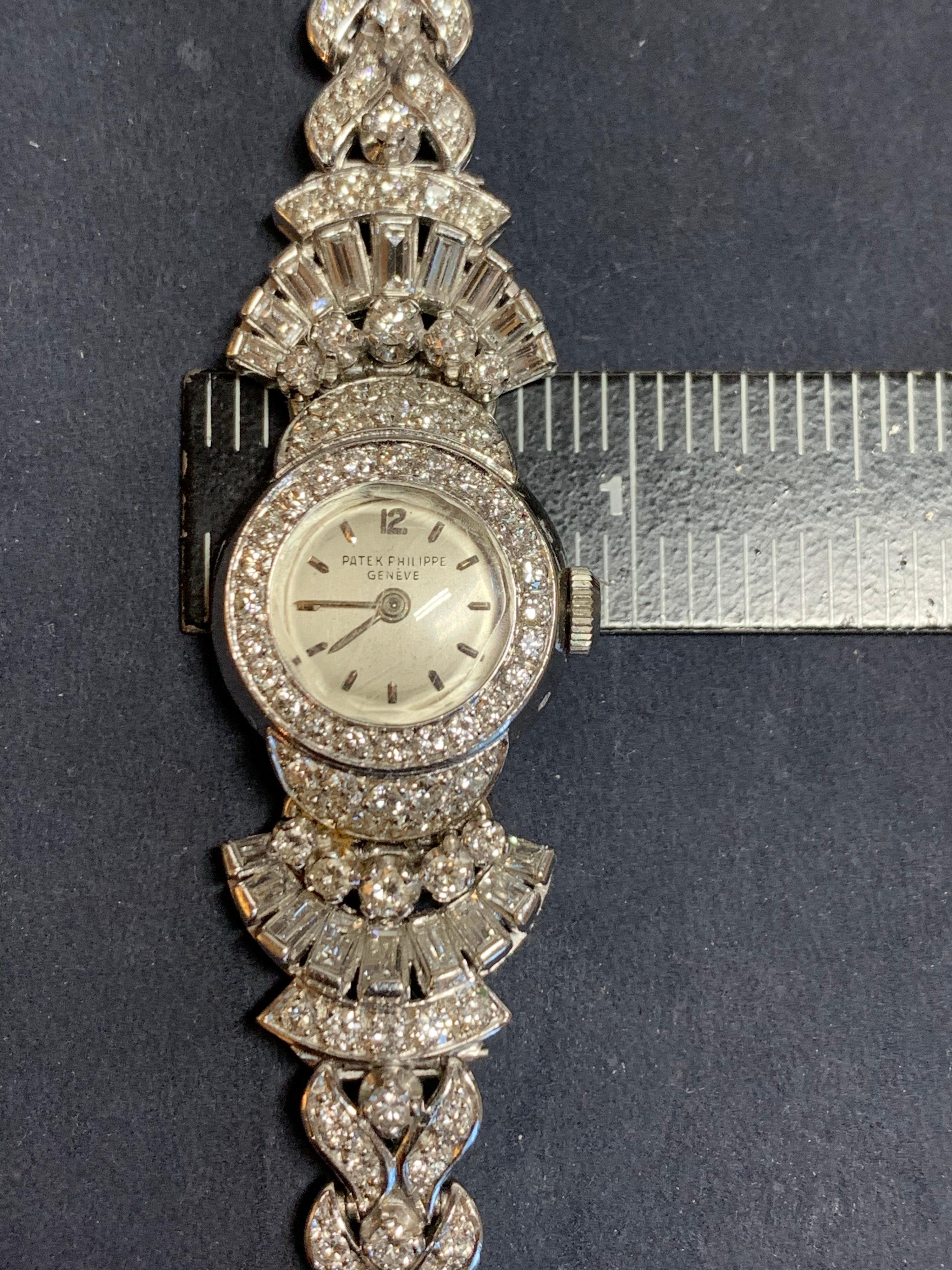 Retro Ladies Platinum Patek Philippe 11 Carat Diamond Watch & Brooche circa 1950 For Sale 4