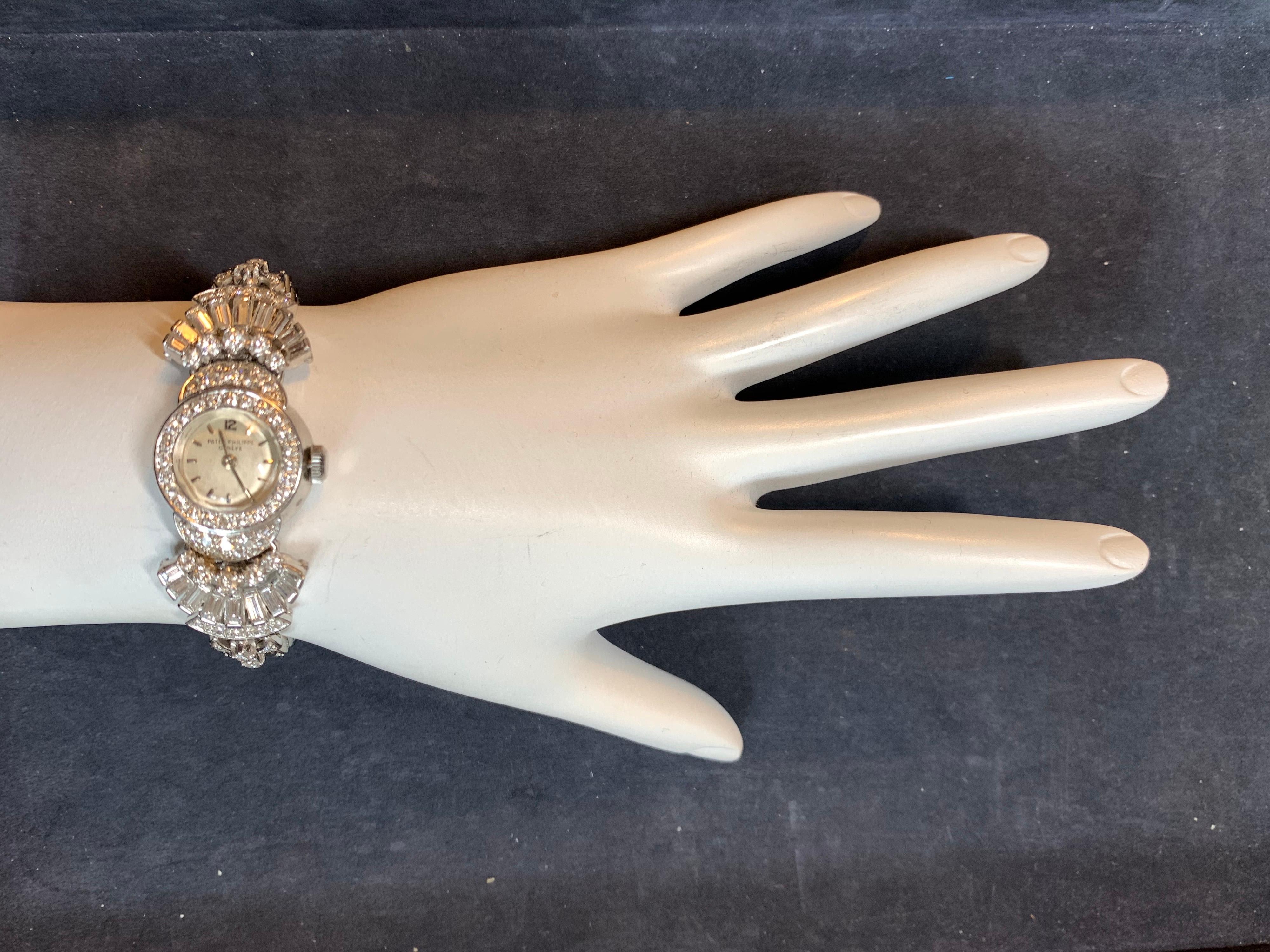 Baguette Cut Retro Ladies Platinum Patek Philippe 11 Carat Diamond Watch & Brooche circa 1950 For Sale
