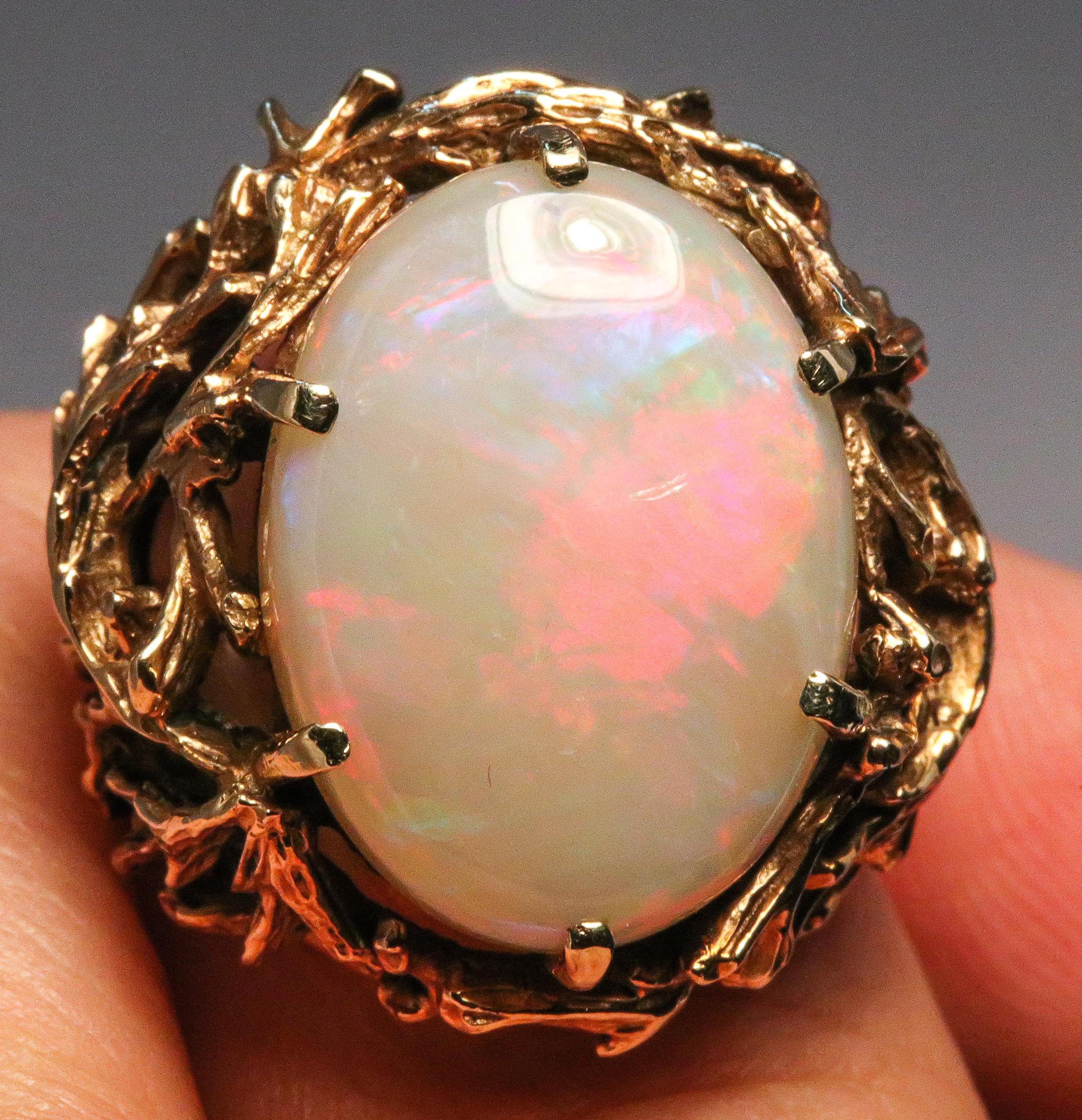 Women's or Men's Ladies White Cocktail Large White Flashed Opal Carved Gold Foliate Ring