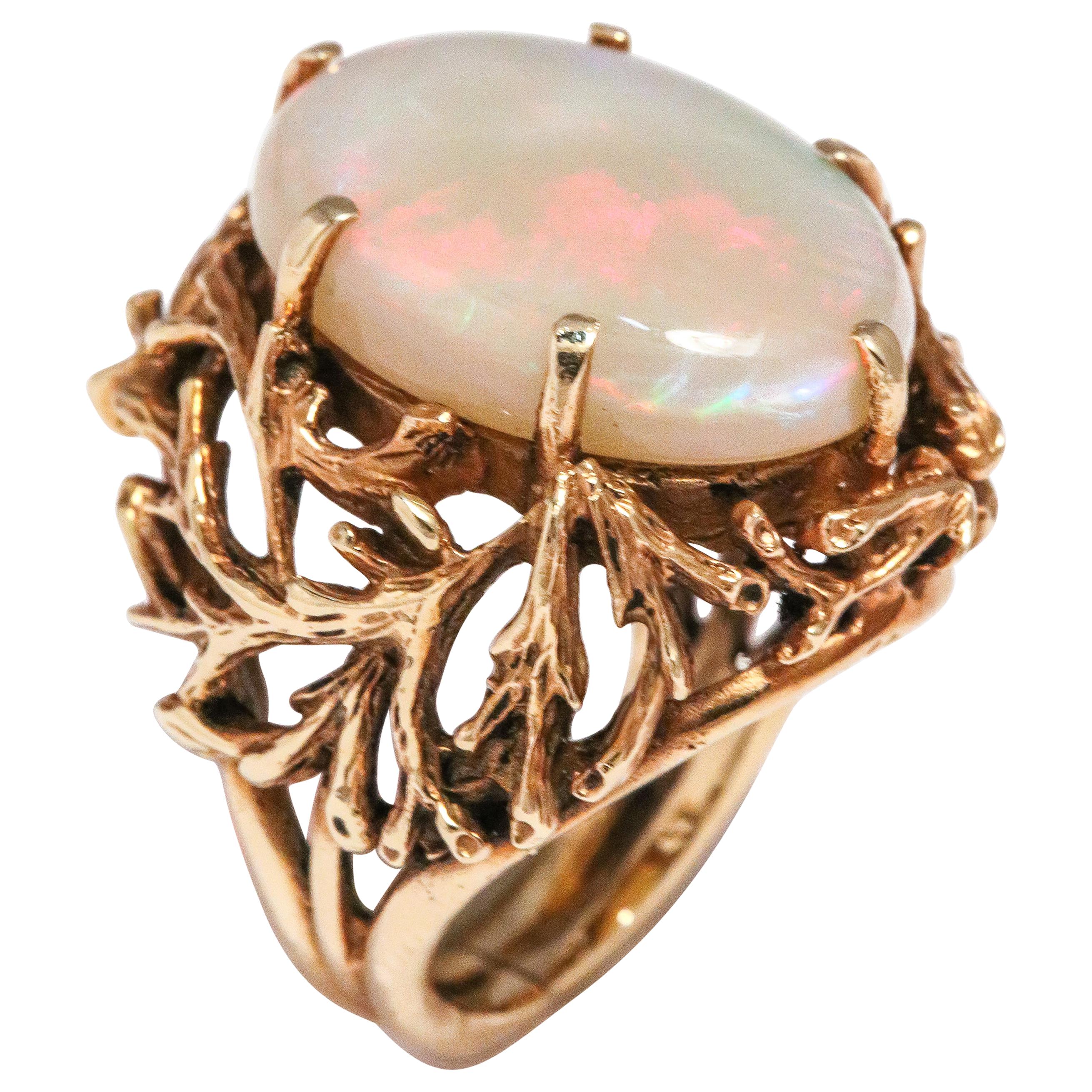 Ladies White Cocktail Large White Flashed Opal Carved Gold Foliate Ring