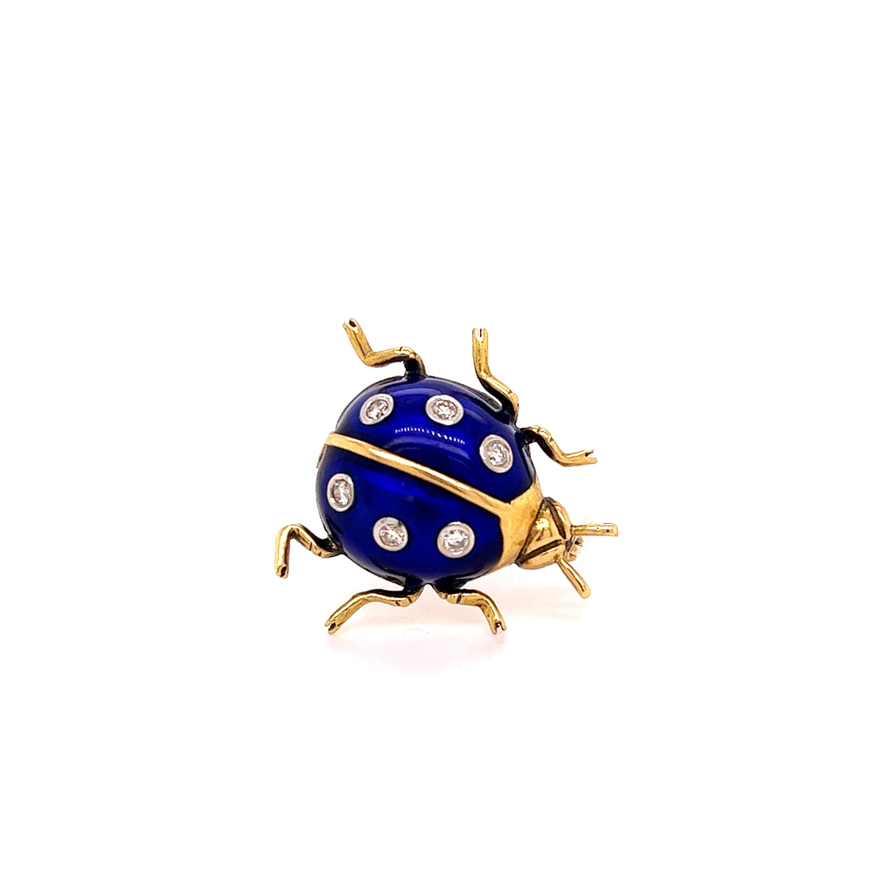 Round Cut Retro Ladybug Pin 18k Yellow Gold Cobalt Blue Enamel & Diamonds