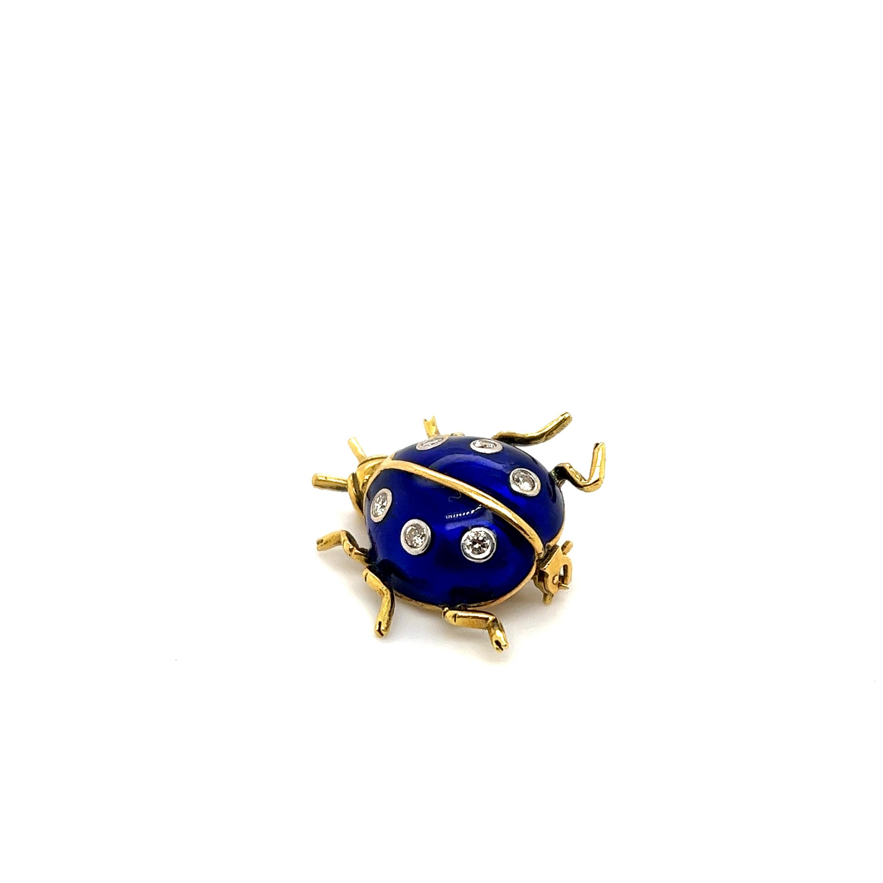 Retro Ladybug Pin 18k Yellow Gold Cobalt Blue Enamel & Diamonds In Good Condition In MIAMI, FL