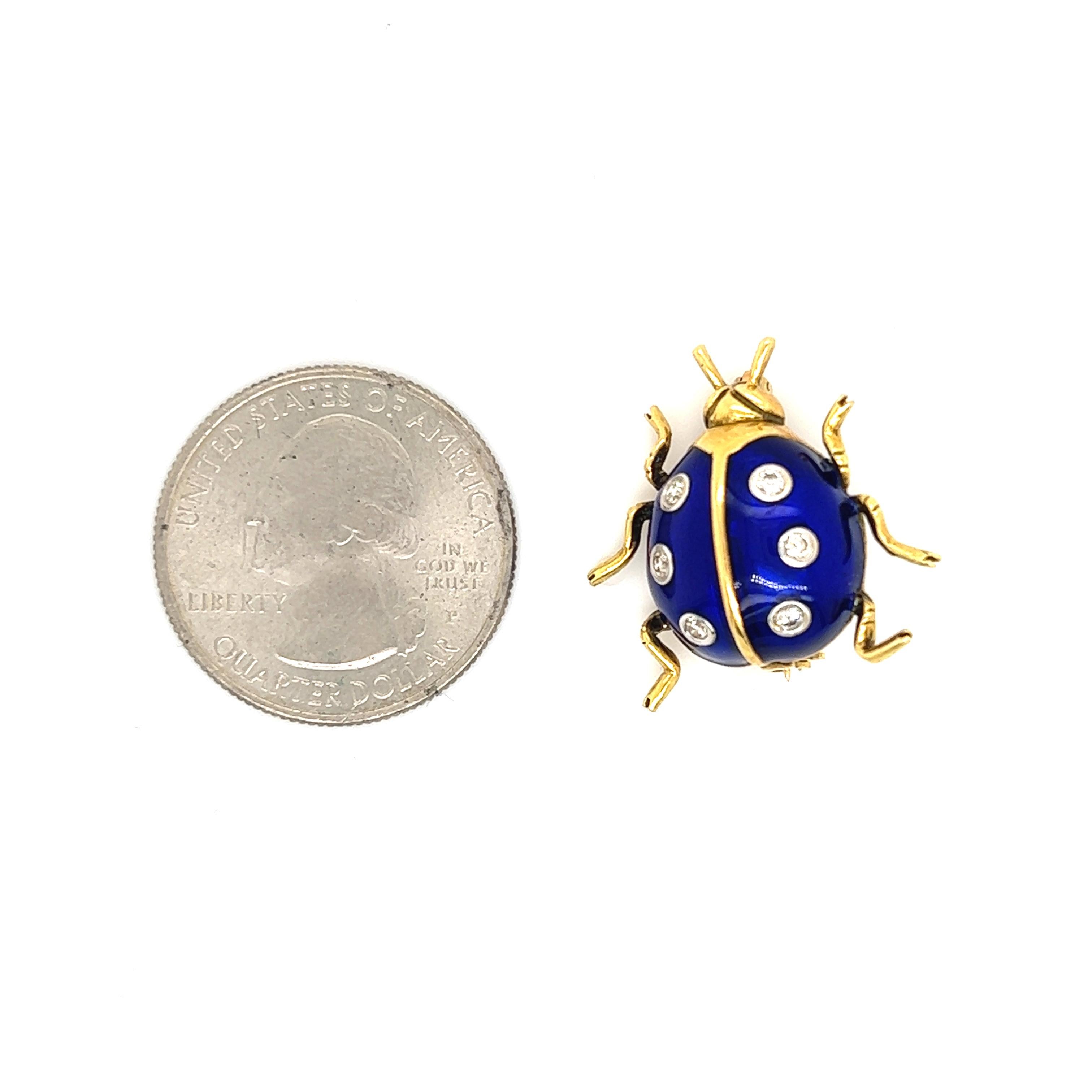 Retro Ladybug Pin 18k Yellow Gold Cobalt Blue Enamel & Diamonds 1