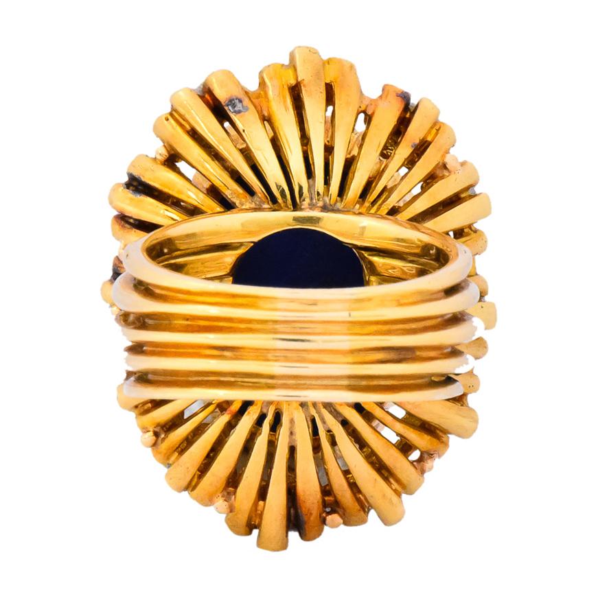 Women's or Men's Retro Lapis Diamond 18 Karat Gold Floral Cocktail Ring
