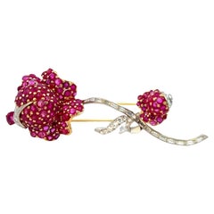 Retro Large Flower Ruby and Diamond Brooch Pin