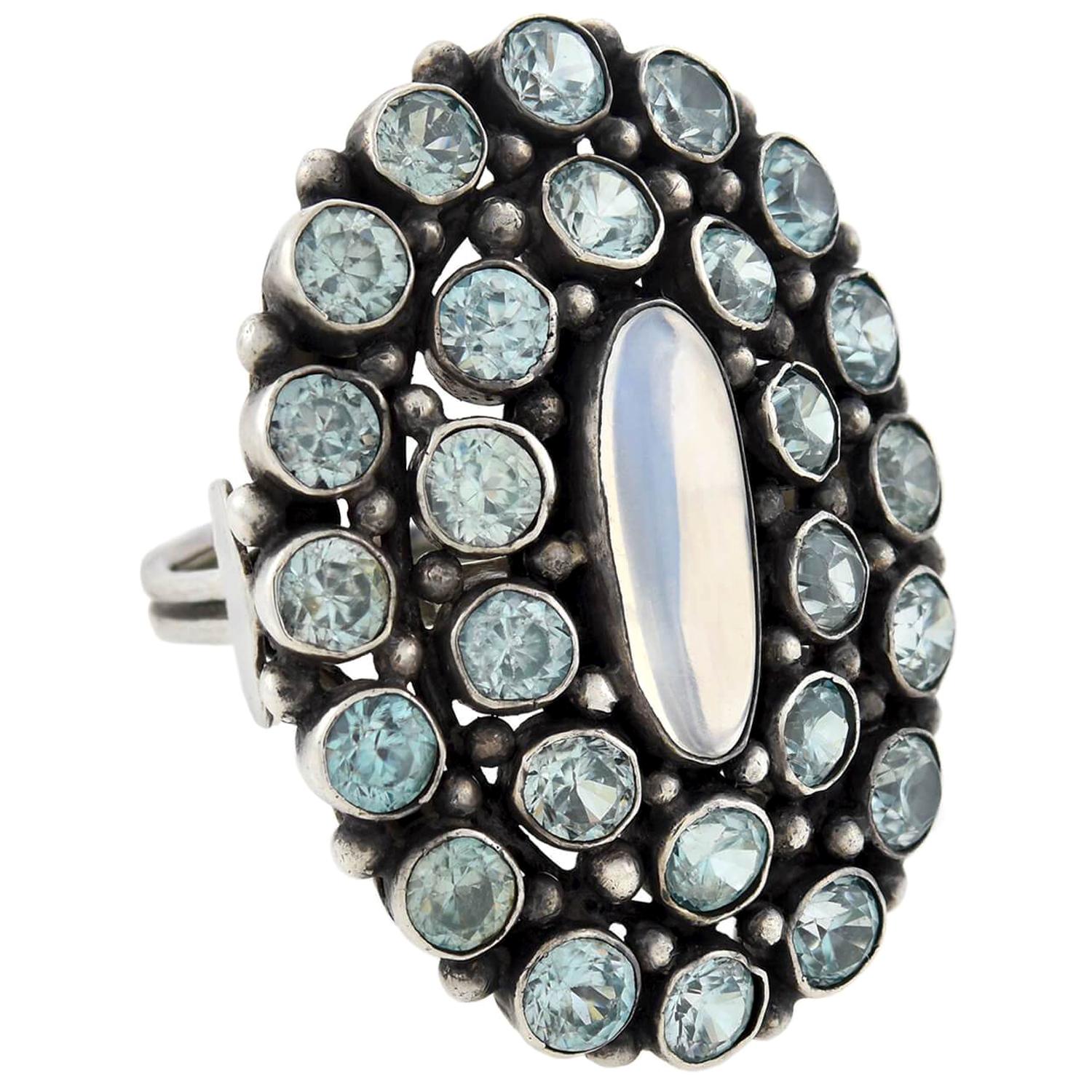 Retro Large Moonstone and Blue Zircon Cluster Ring
