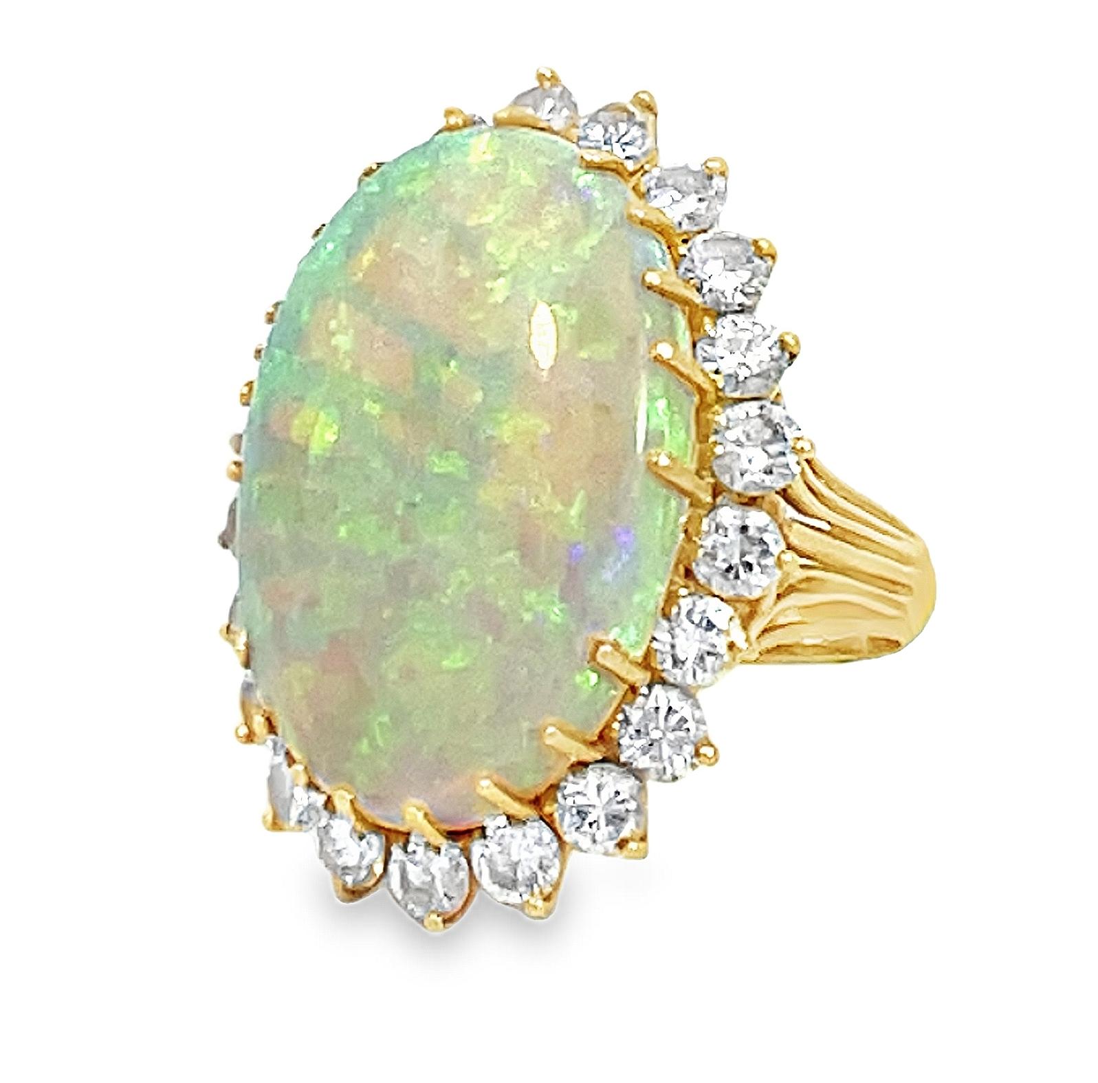 Women's or Men's Retro Large Oval Opal and Diamond Halo Cocktail Ring For Sale