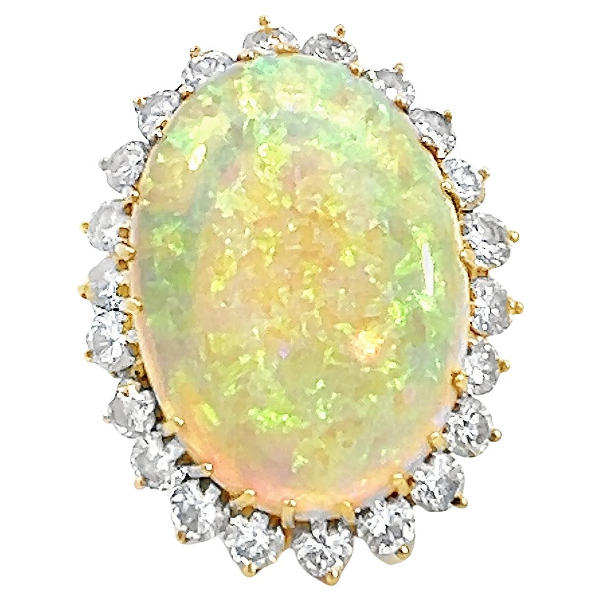 Retro Large Oval Opal and Diamond Halo Cocktail Ring For Sale