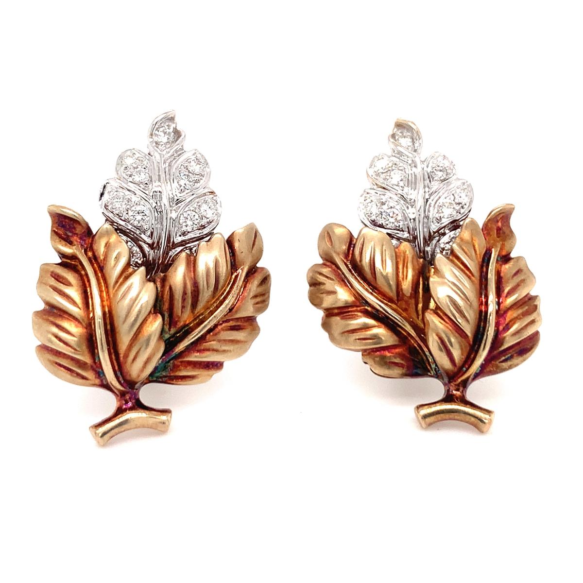 Retro Leaf Motif Diamond 18k Rose and Yellow Gold Earrings, circa 1940s In Good Condition For Sale In Beverly Hills, CA