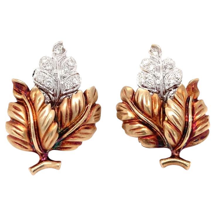 Retro Leaf Motif Diamond 18k Rose and Yellow Gold Earrings, circa 1940s For Sale