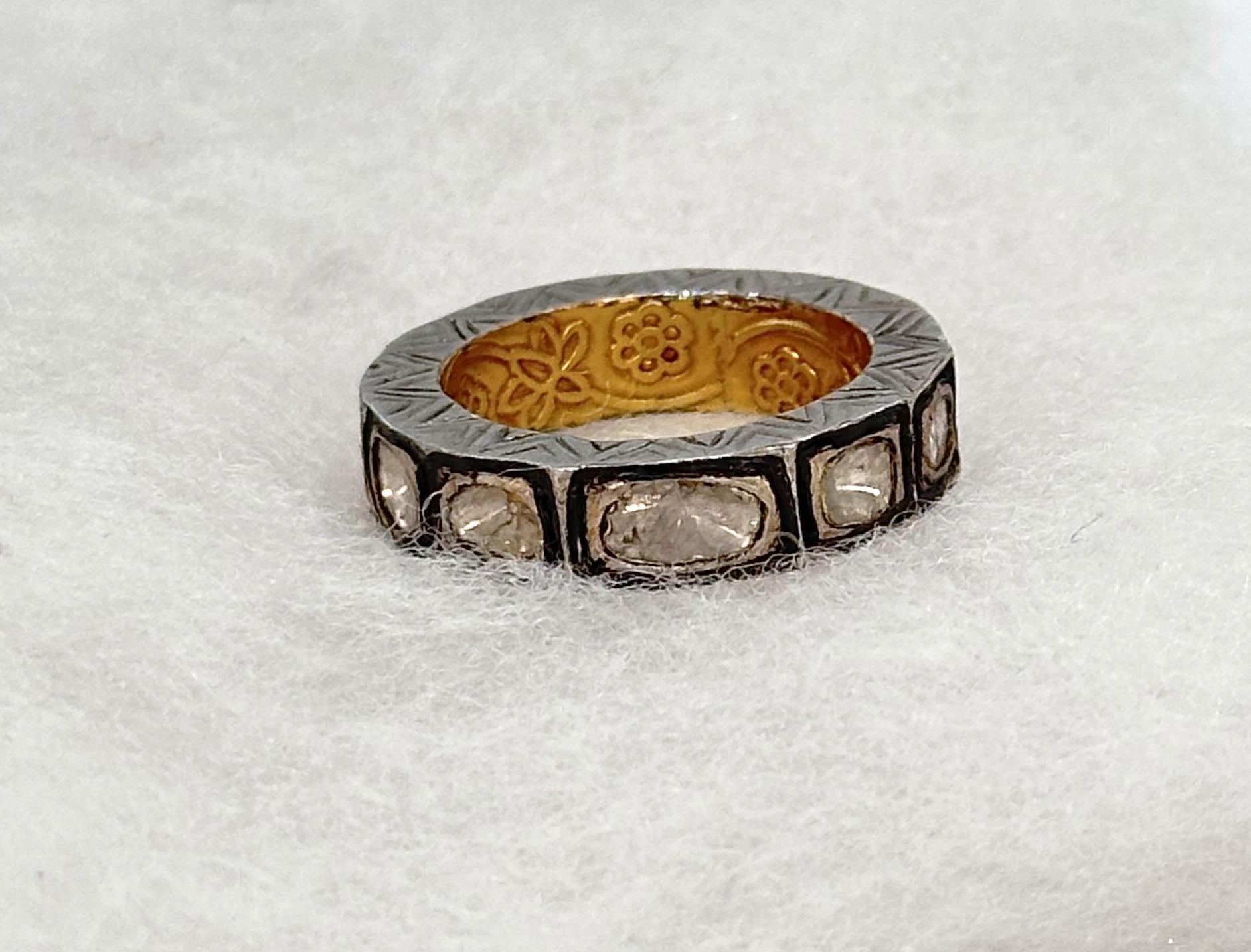 Uncut Retro Natural uncut Diamond ring made up in 14k gold and silver eternity band For Sale