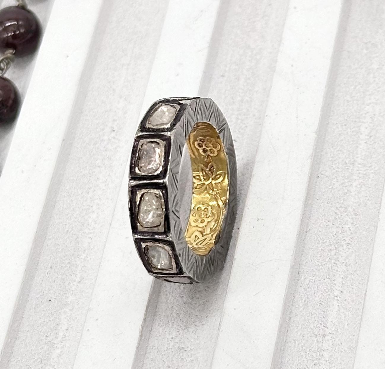 Women's Retro Natural uncut Diamond ring made up in 14k gold and silver eternity band For Sale