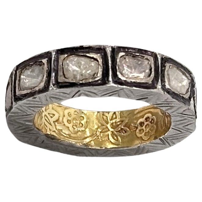 Retro Natural uncut Diamond ring made up in 14k gold and silver eternity band For Sale