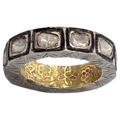 Anello con diamante naturale non tagliato retrò in oro 14k e fascia per l'eternità in argento