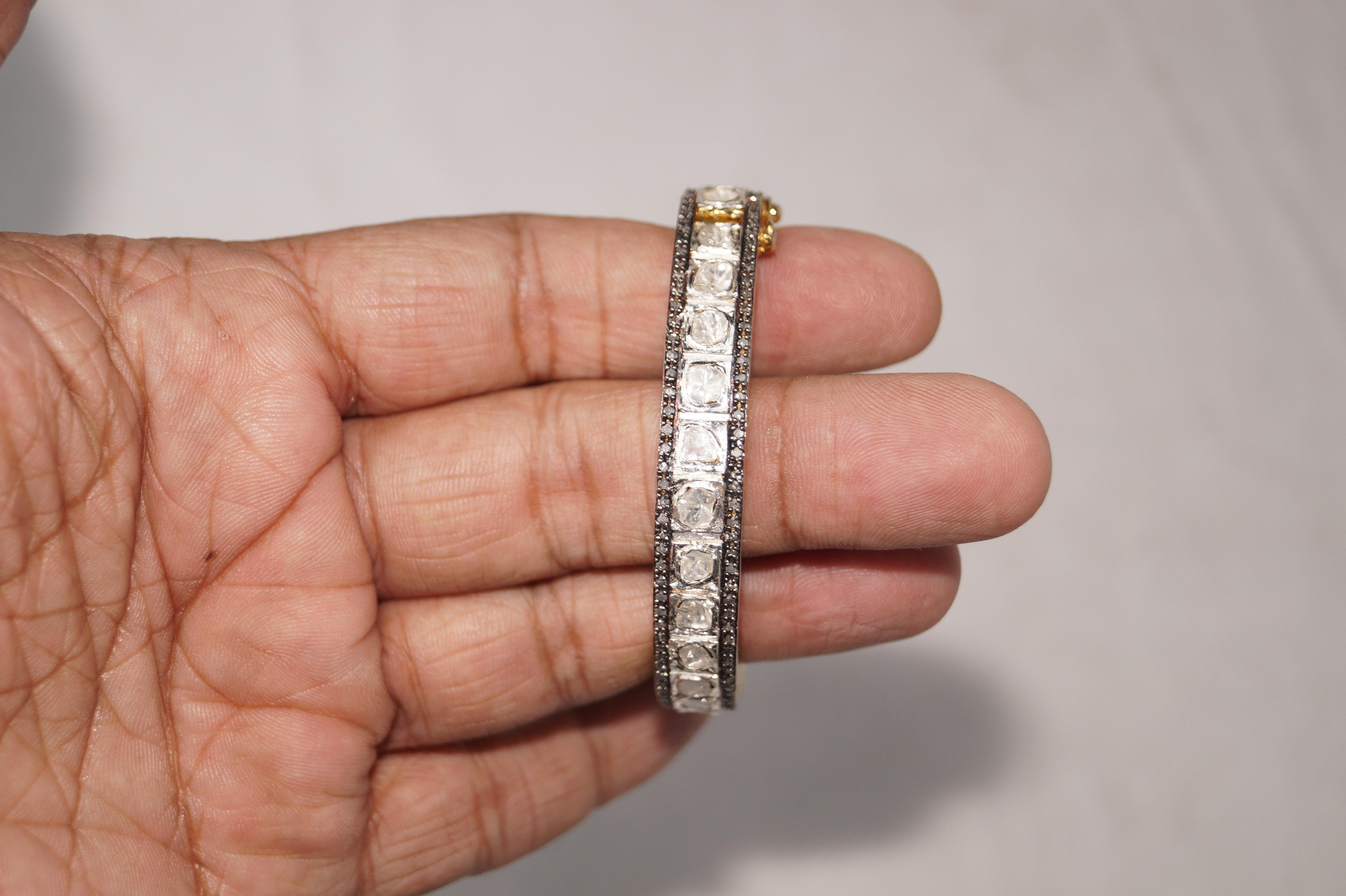 Rose Cut Retro look 5.88cts rose cut Uncut diamond sterling silver hinged bracelet For Sale