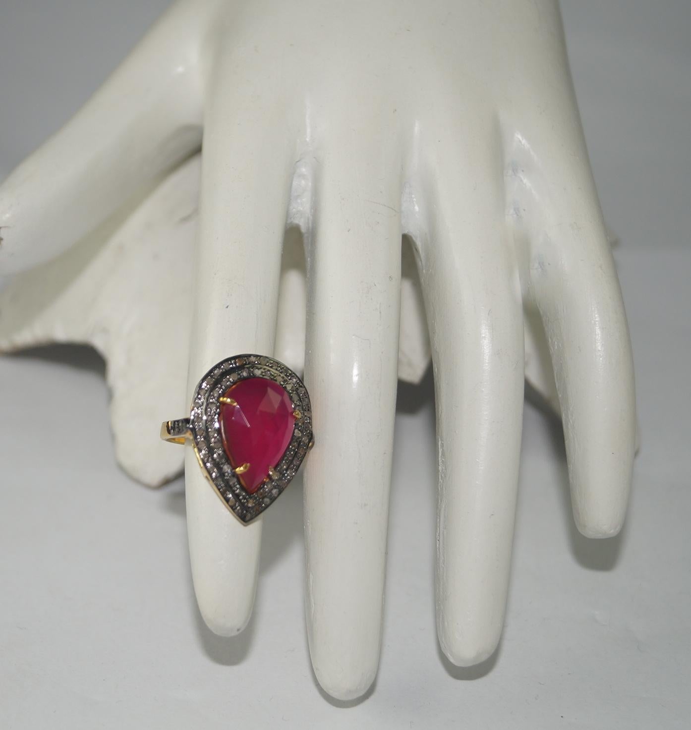 Edwardian Retro look Natural pave rose cut Diamond sterling silver Ruby  Ring For Sale