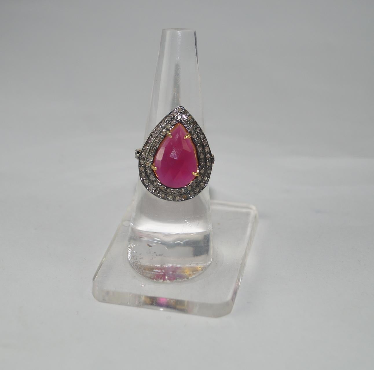 Retro look Natural pave rose cut Diamond sterling silver Ruby  Ring In New Condition For Sale In Delhi, DL