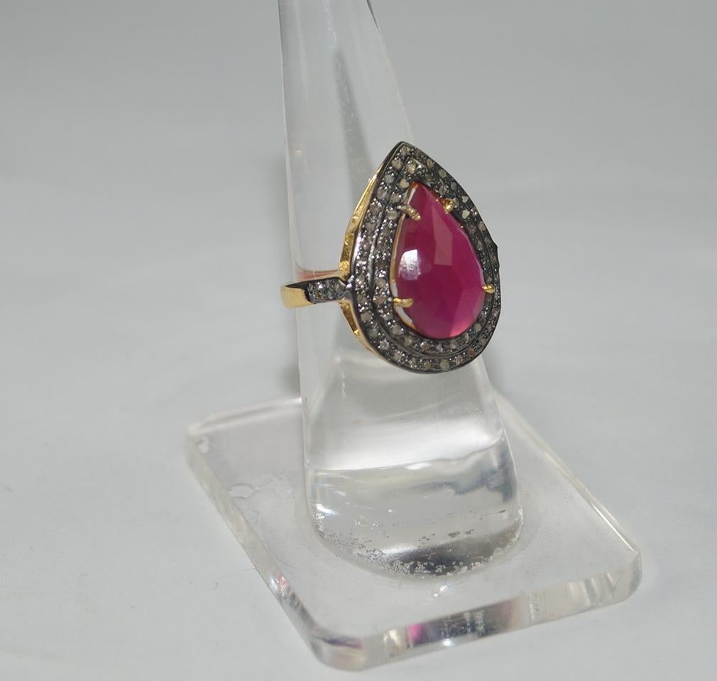 Retro look Natural pave rose cut Diamond sterling silver Ruby  Ring For Sale 1