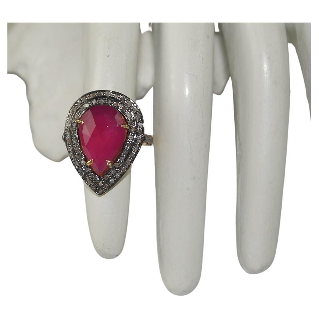 Retro look Natural pave rose cut Diamond sterling silver Ruby  Ring For Sale