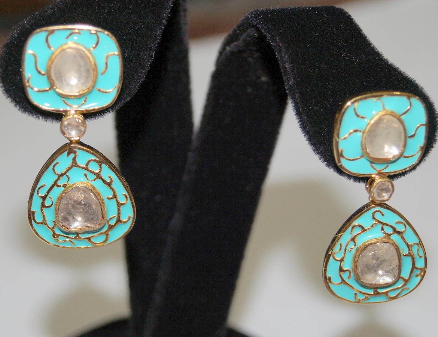 Art Nouveau Retro look real uncut diamonds turquoise gold enamel sterling silver earrings For Sale