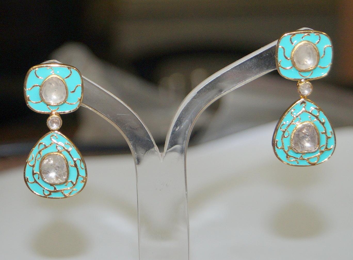 Rose Cut Retro look real uncut diamonds turquoise gold enamel sterling silver earrings For Sale