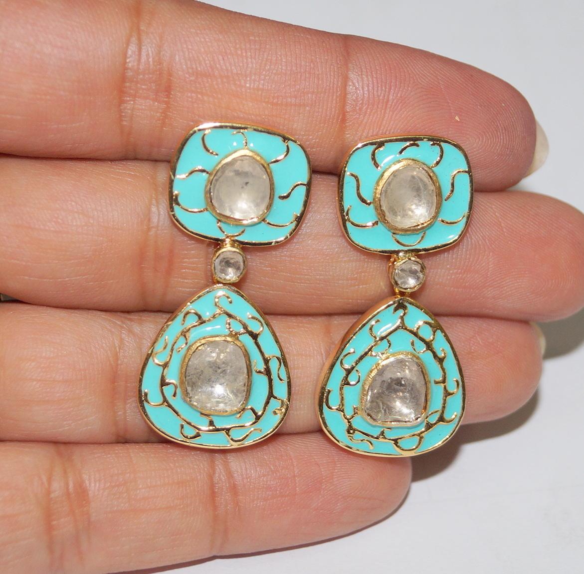 Retro look real uncut diamonds turquoise gold enamel sterling silver earrings In New Condition For Sale In Delhi, DL