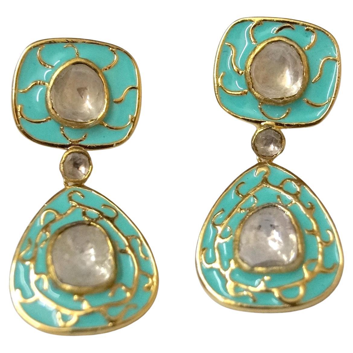 Retro look real uncut diamonds turquoise gold enamel sterling silver earrings For Sale