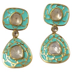 Retro look real uncut diamonds turquoise gold enamel sterling silver earrings