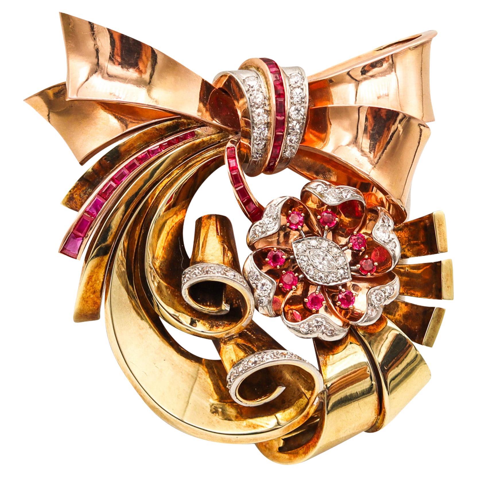 Retro Machine Age 1940 Brooch in 14k with 6.02ctw in Diamonds and Rubies