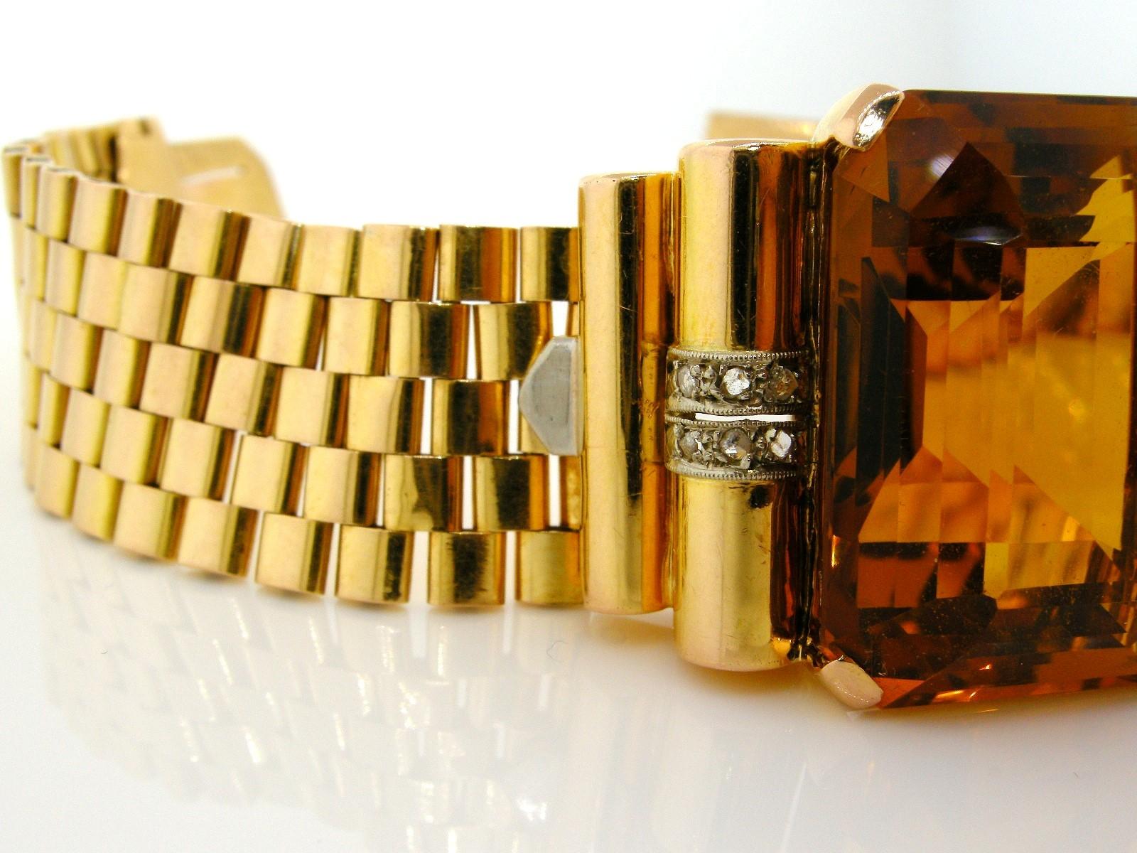 Emerald Cut Retro Madeira 57.00 Carat Citrine Gold Bracelet For Sale