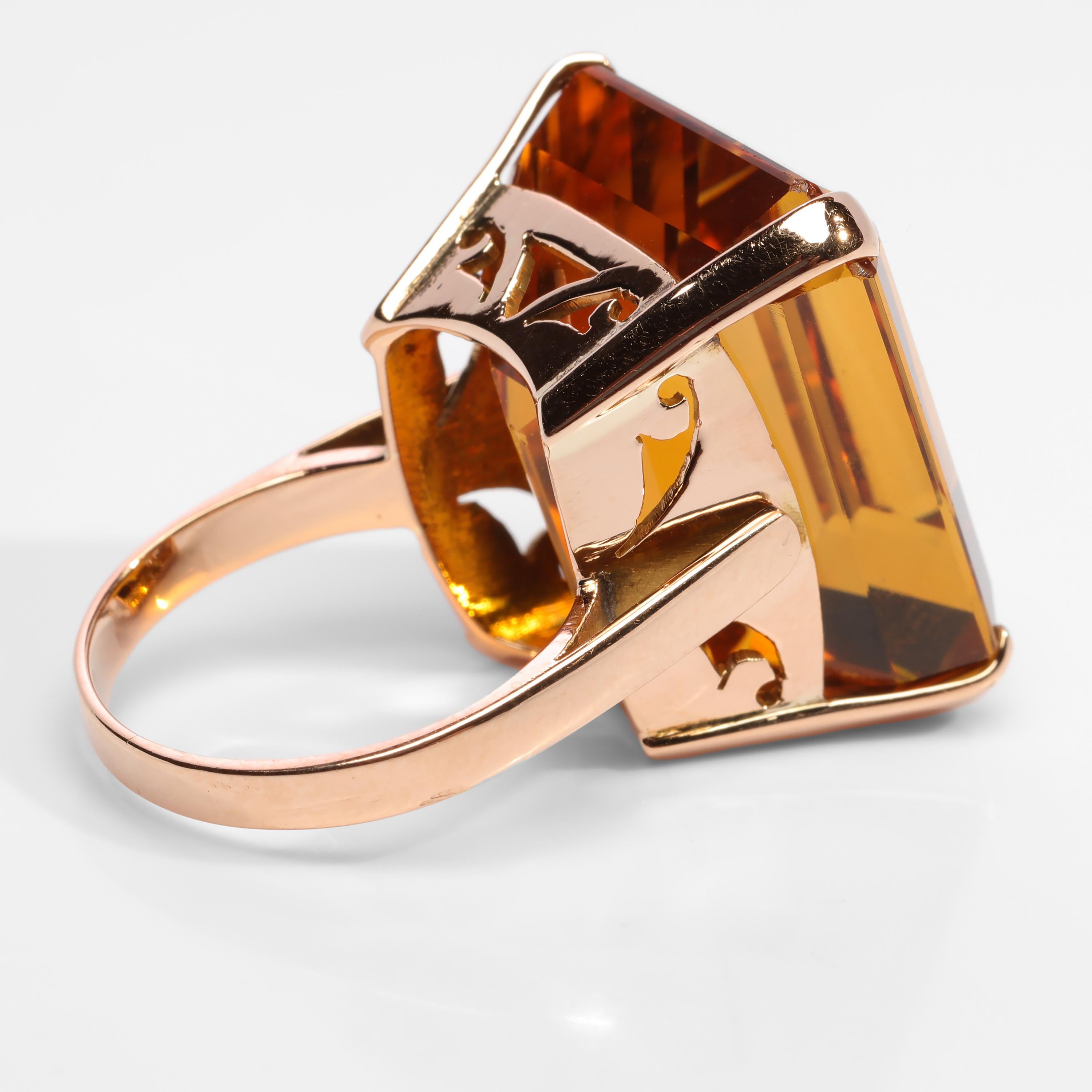 Emerald Cut Retro Madeira Citrine Cocktail Ring Over 33 Carat