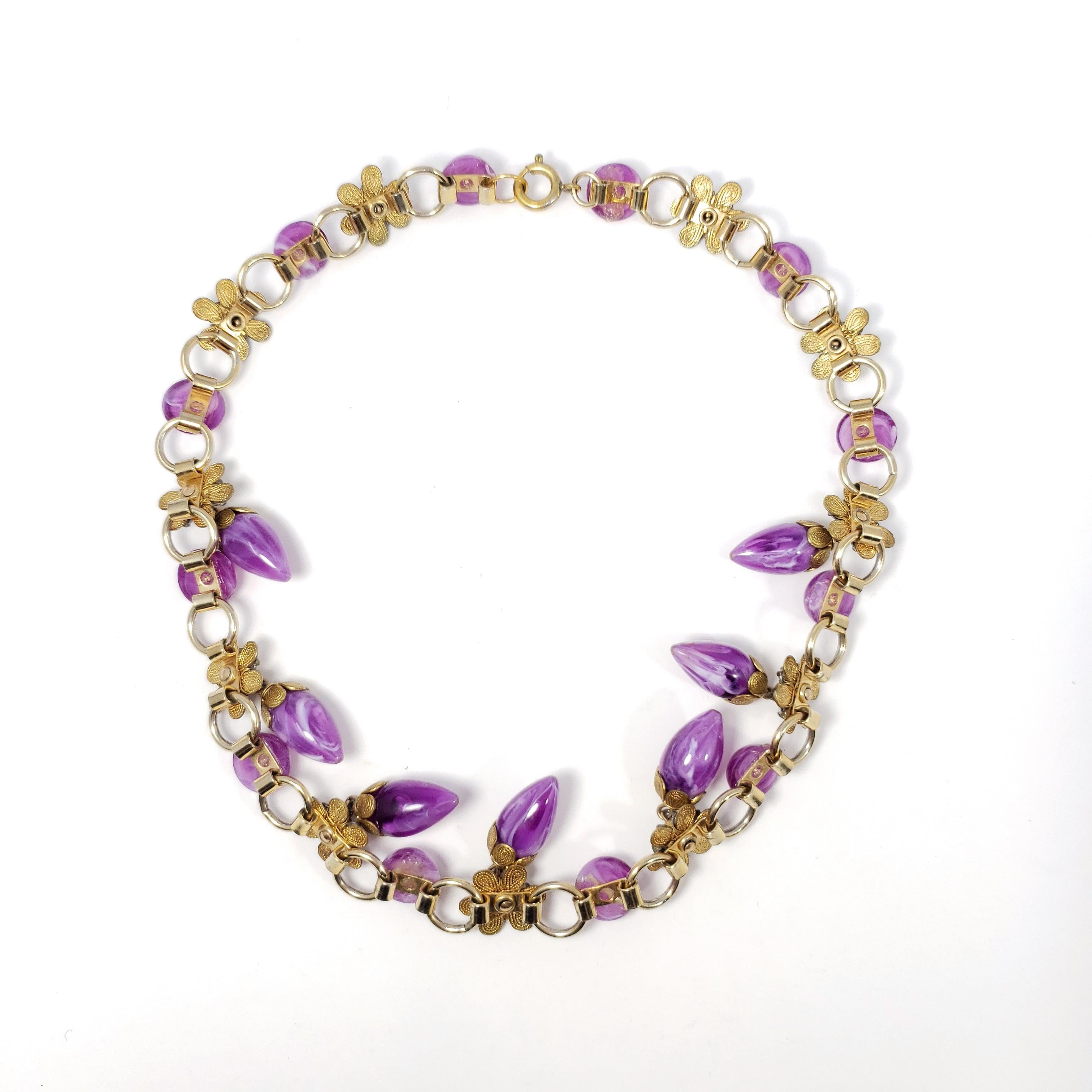 Women's or Men's Retro Marbled Violet Dangling Crystal Flower Necklace, Gold For Sale