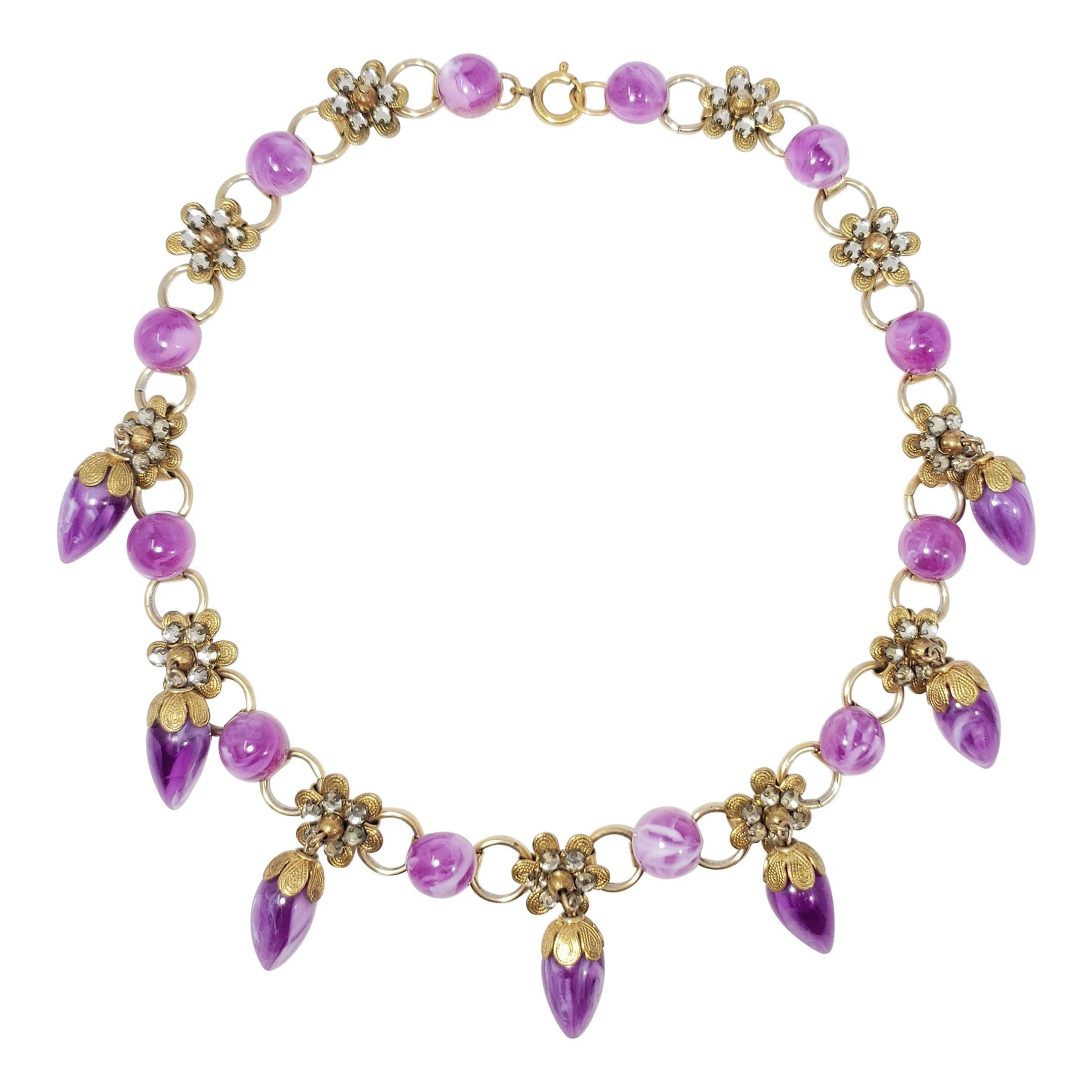 Retro Marbled Violet Dangling Crystal Flower Necklace, Gold For Sale