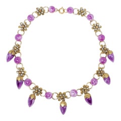 Vintage Marbled Violet Dangling Crystal Flower Necklace, Gold