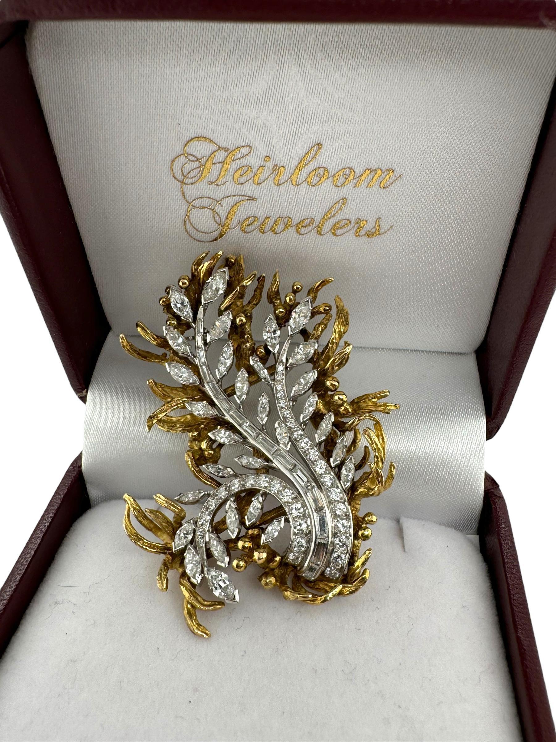 Spilla floreale retro Marquise & Baguette Diamond 4 Carati in vendita 6
