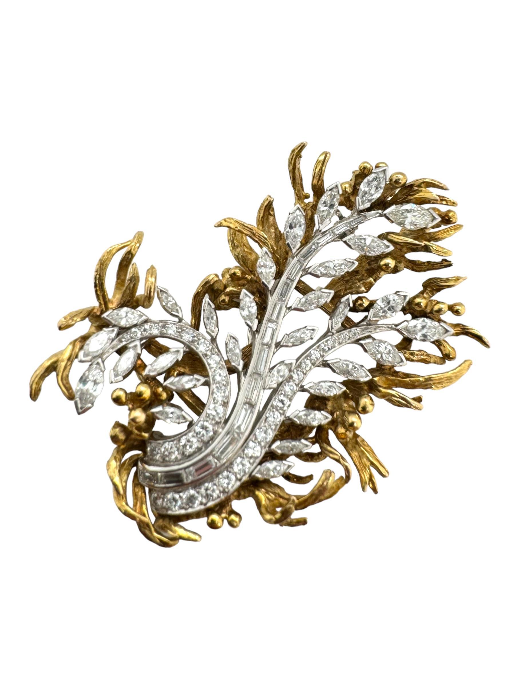 Rétro Spilla floreale retro Marquise & Baguette Diamond 4 Carati in vendita