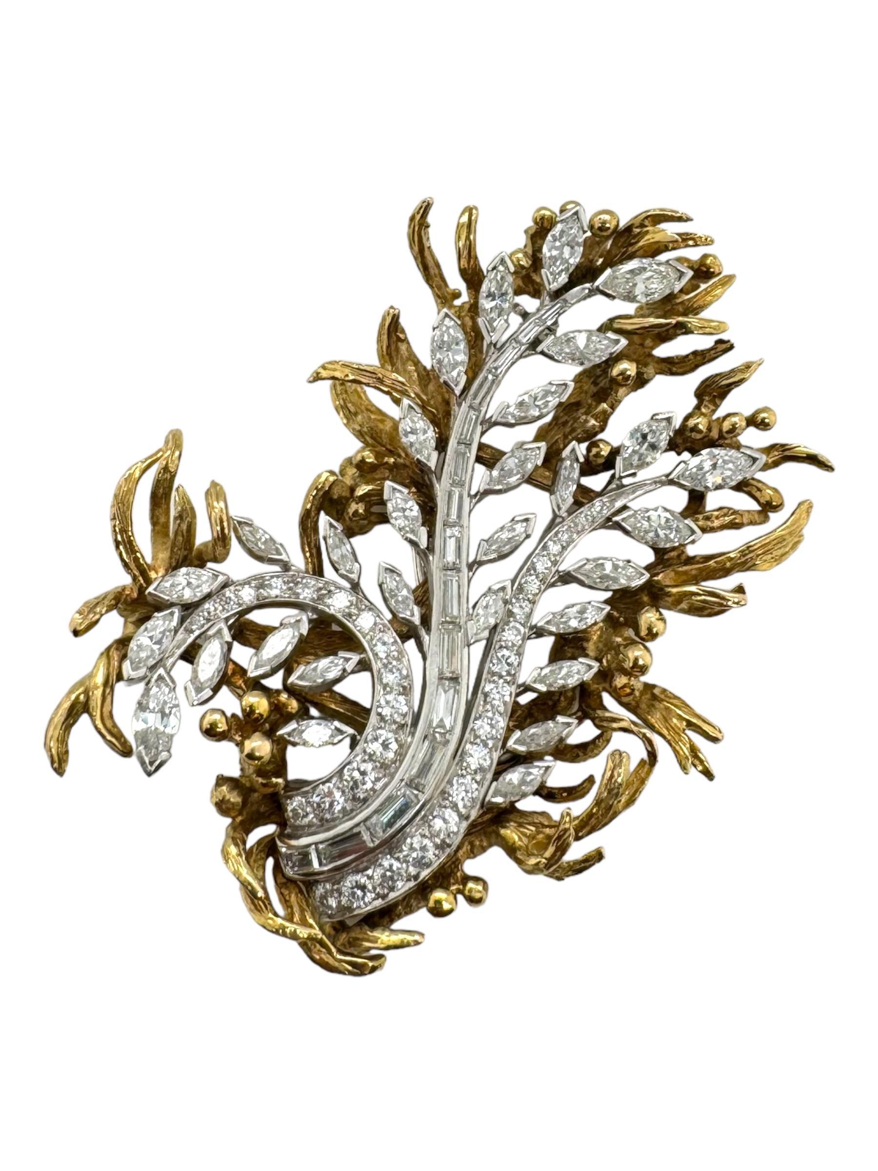 Taglio brillante Spilla floreale retro Marquise & Baguette Diamond 4 Carati in vendita